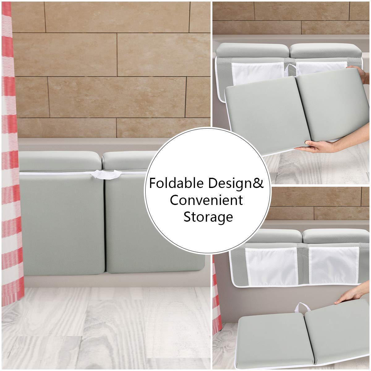 Bath Kneeler with Elbow Rest Pad Set,1.5" Thick Baby Bath Kneeling Pad Arm Rest Cushion with 4 Toy Organizer for Happy Baby Bathing Time(Gray)