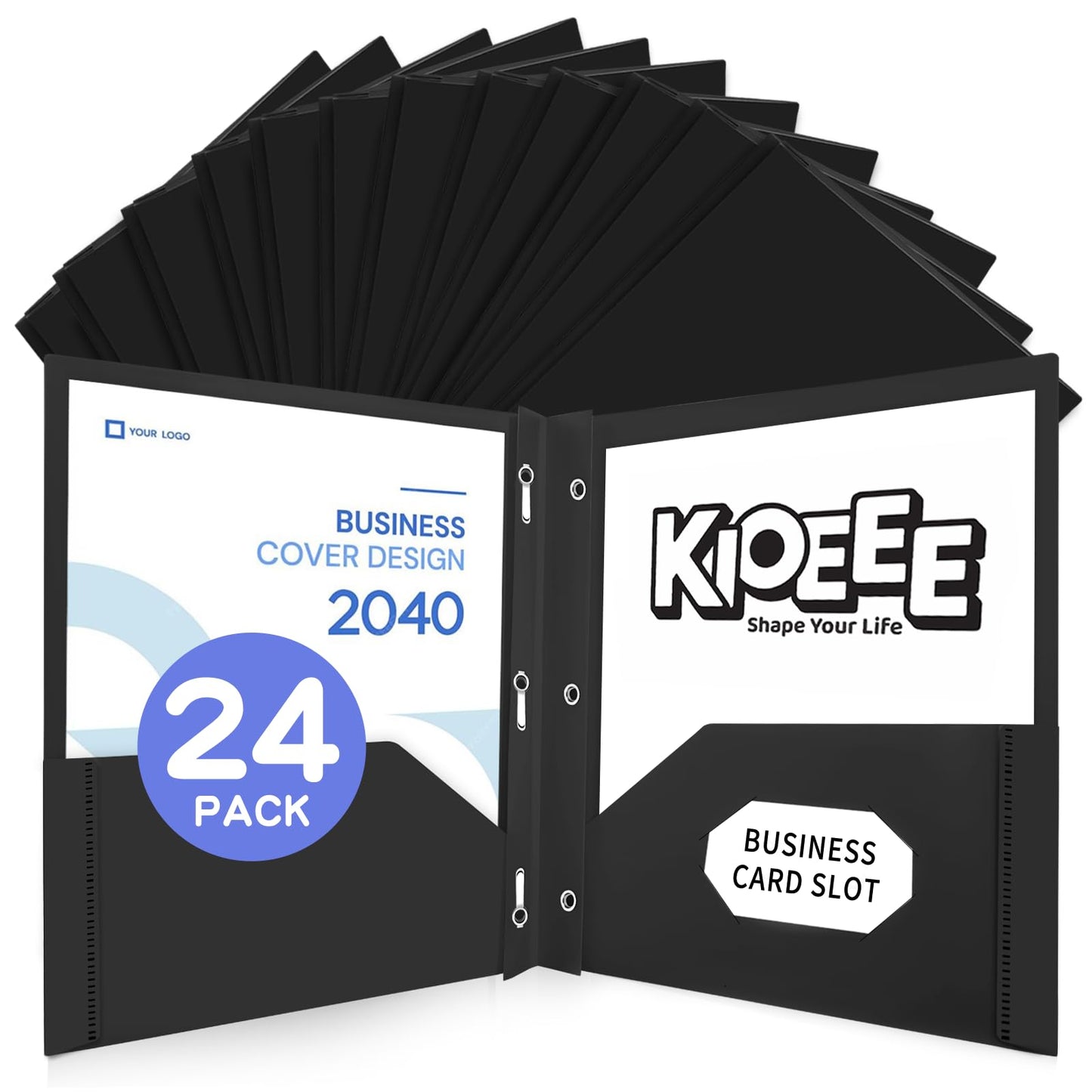 KIOEEE Black Folders with Pockets and Prongs,24 Pack Heavy Duty Plastic Pocket Folders with 3 Prongs and Business Card Slot,Fit Letter Size Paper, for Home,School and Office