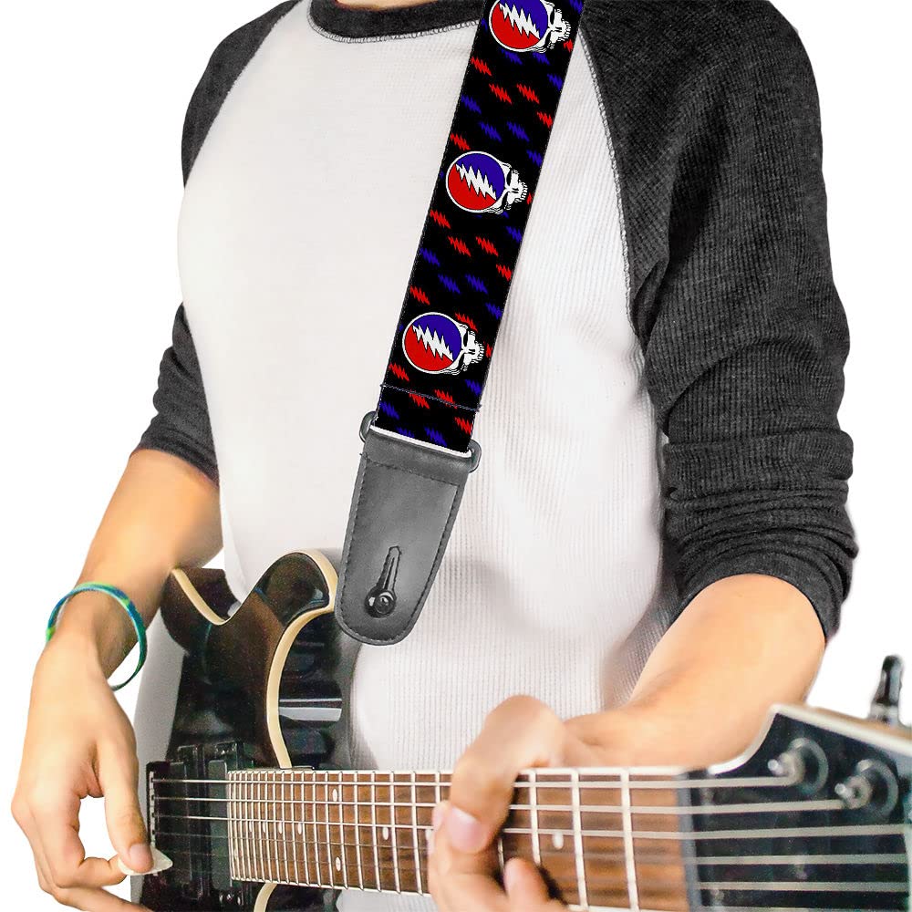 Grateful Dead Guitar Strap, Steal Your Face Mini Lightning Bolt Black Red White Blue, 2 Inches Wide