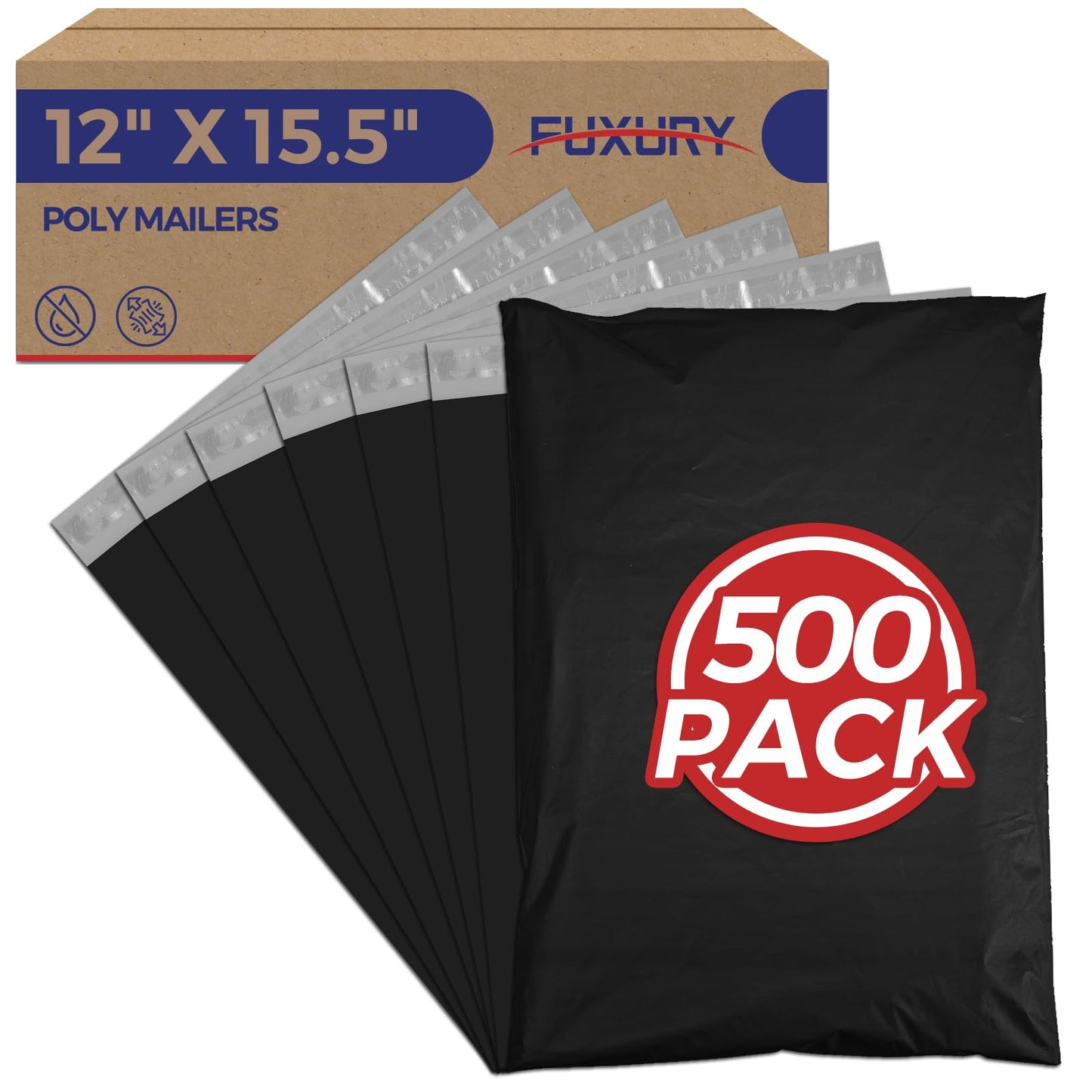 Fuxury Poly Mailers 12x15.5 Inch 500 Pcs,Black Shipping Bags Bulk for Clothing,Strong Adhesive Sealing, Waterproof, Tear-resistant Postal Mailing Poly Bags for Books,Accessories,Business