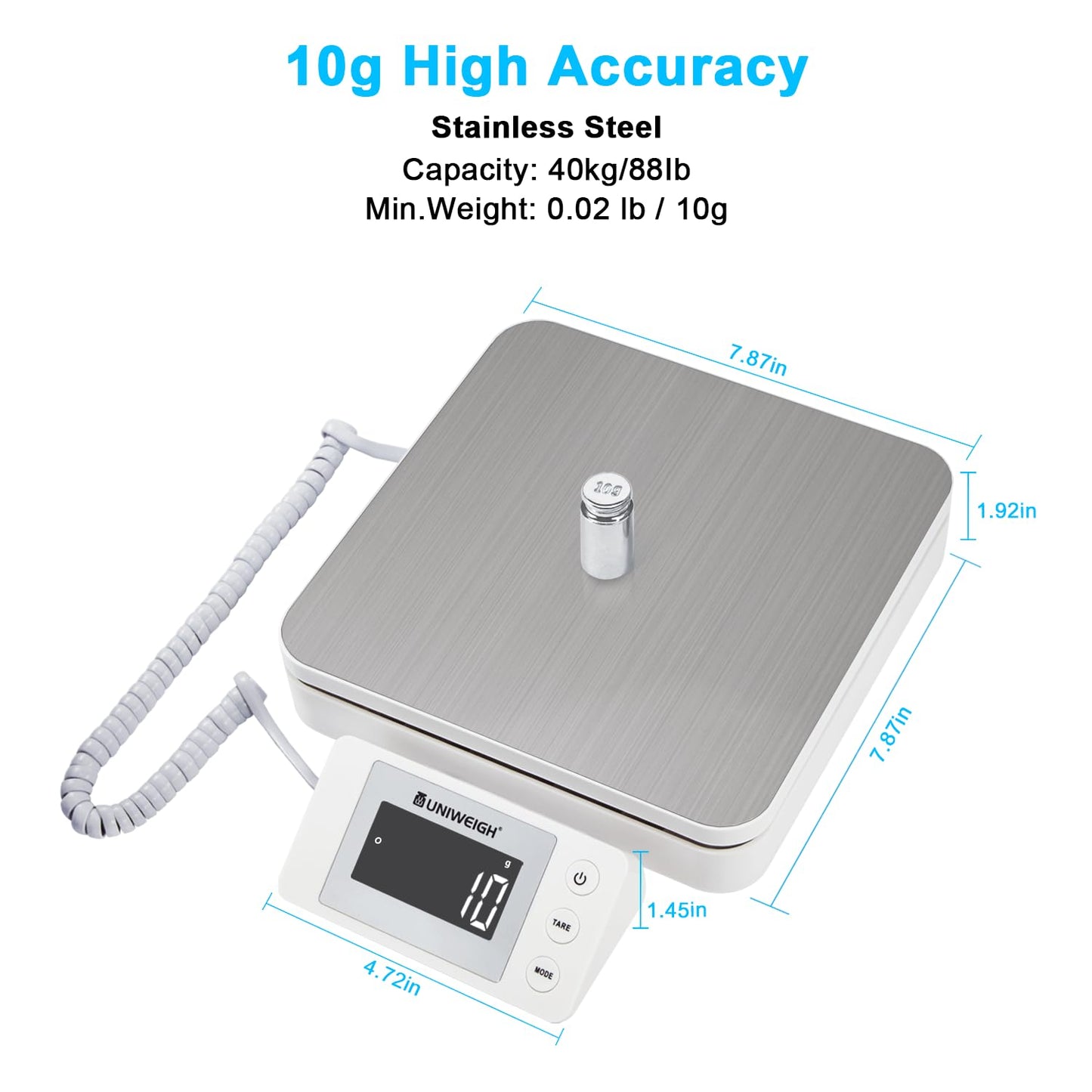 UNIWEIGH Shipping Scale for Packages,Digital Shipping Postage Scale 88lb/0.1oz with Tare and LCD Dispaly,Postal Scale for Packages Small Business,Mail Scale Includes AC Adapter and 2X AAA Batteries