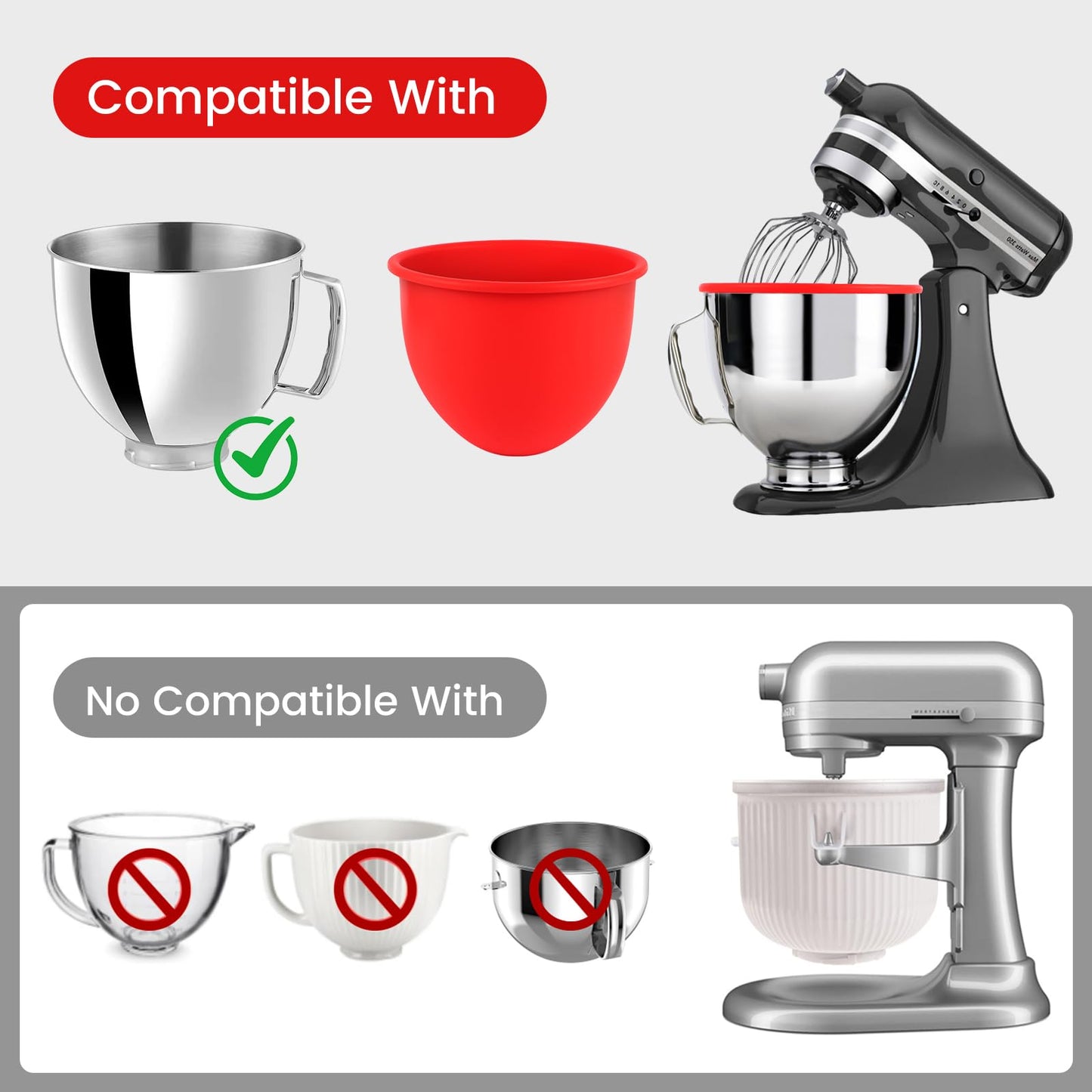 Silicone Mixing Bowl Liners Attachments Compatible with 5 Quart KitchenAid Mixers, Includes 3 Liners and Lids,Dishwasher Safe