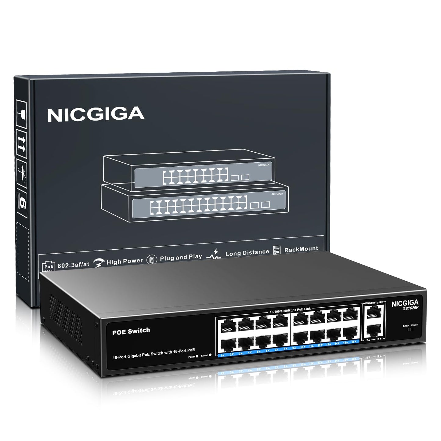 16 Port Gigabit PoE Switch Unmanaged, 16 Port PoE+@250W, 2 Gigabit Uplink Ports, NICGIGA 18 Port Gigabit Network Power Over Ethernet Switch, VLAN Mode, 19 inch RackMount, Plug and Play.
