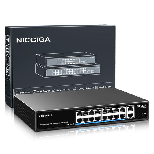16 Port Gigabit PoE Switch Unmanaged, 16 Port PoE+@250W, 2 Gigabit Uplink Ports, NICGIGA 18 Port Gigabit Network Power Over Ethernet Switch, VLAN Mode, 19 inch RackMount, Plug and Play.