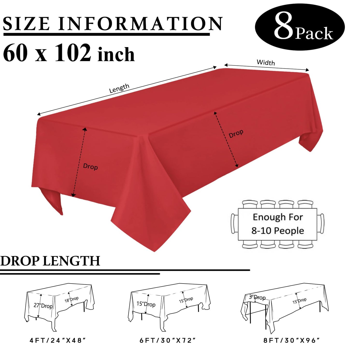 8 Packs Red Tablecloth Rectangle 60x102 Inch Rectangular Table Cloth for 6 Foot Rectangle Table, Wrinkle Resistant Polyester Fabric Tablecloth Washable Table Cover for Wedding Party Buffet