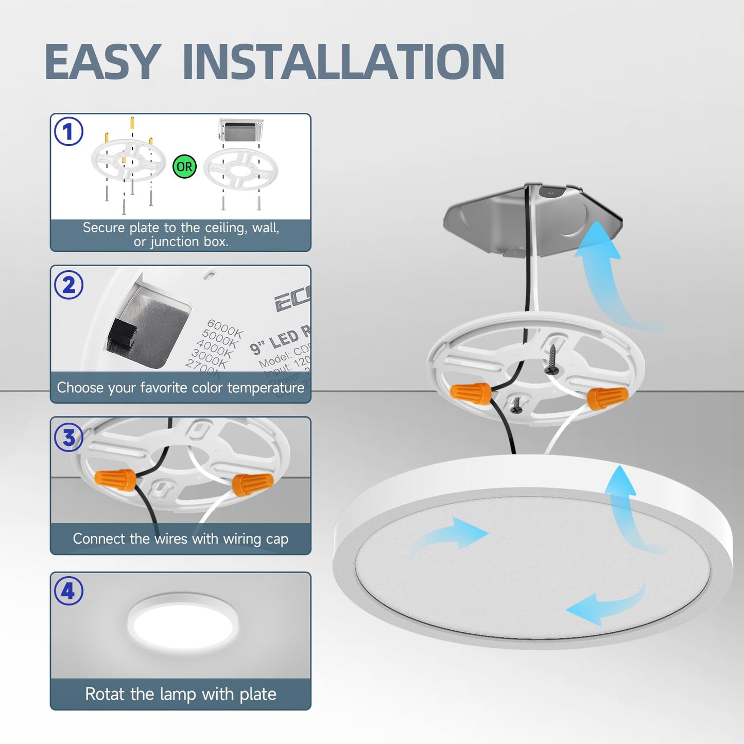 ECOELER 9 inch LED Ceiling Light Fixture, 2700/3000/4000/5000/6000K Adjustable Surface Mount Ceiling Lamp, 24W 1800Lm Flush Mount Ceiling Light for Kitchen, Stairwell, Porch, Basement, 2 Pack