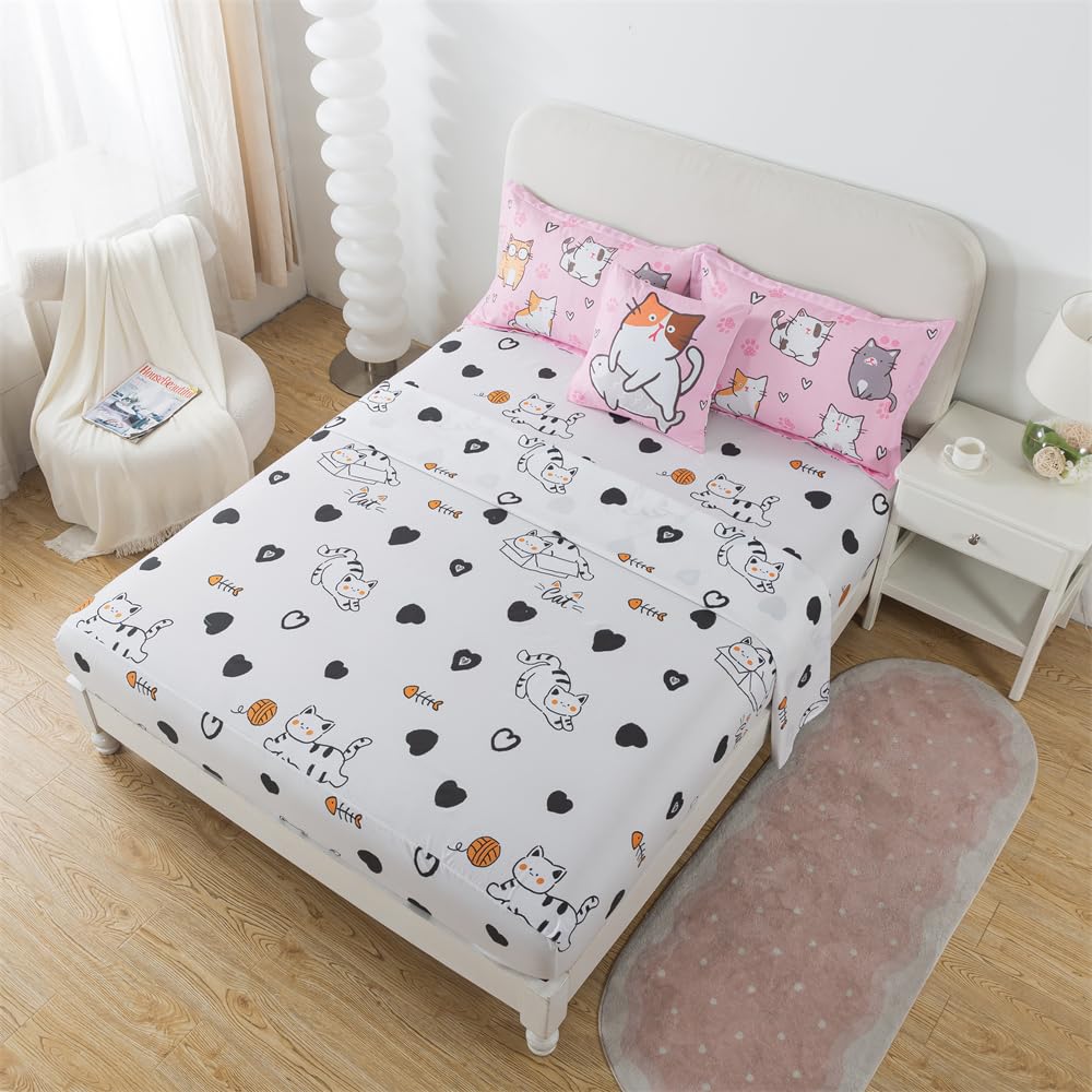 lishjekee 6 Pieces Cute Cat Comforter Twin for Girls Pink Cats Bedding Set Bed in A Bag for Kids Kawaii Pets Kitten Comforter and Sheets Set Cartoon Animal Bed Sets Home Decor