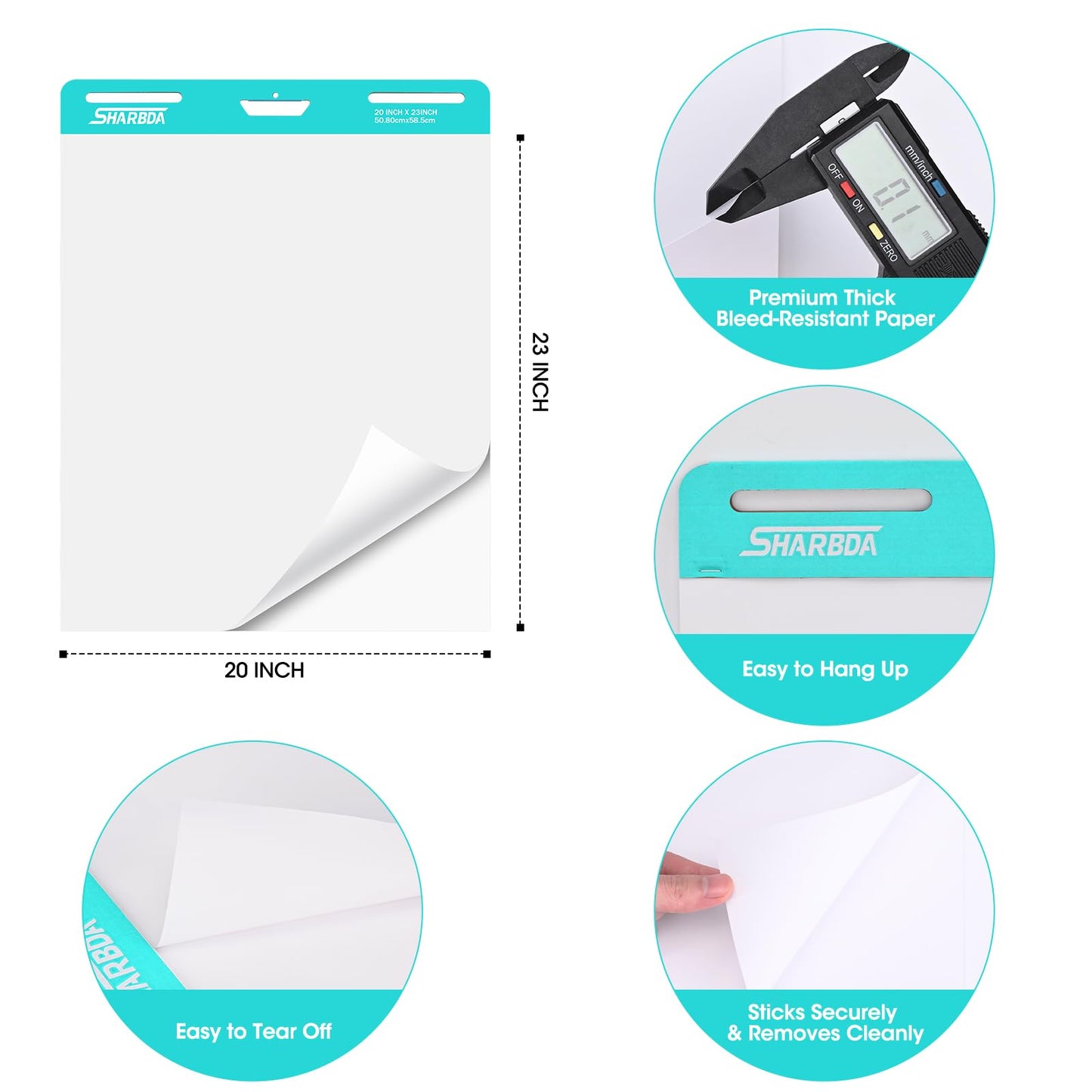SHARBDA Sticky Easel Pad,20 in x 23 in,Flip Chart Paper,Sticky Chart Paper for Teachers,Self-Stick Easel Paper,Super Sticky & Bleed-Resistant, 30 Sheets/Pad, 2 Pads