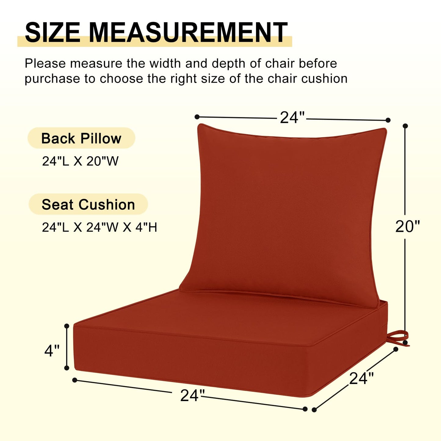 downluxe Outdoor Deep Seat Cushions Set, Patio Cushions for Outdoor Furniture, Sofa, 24" x 24", Brick Red, 2 Piece Set