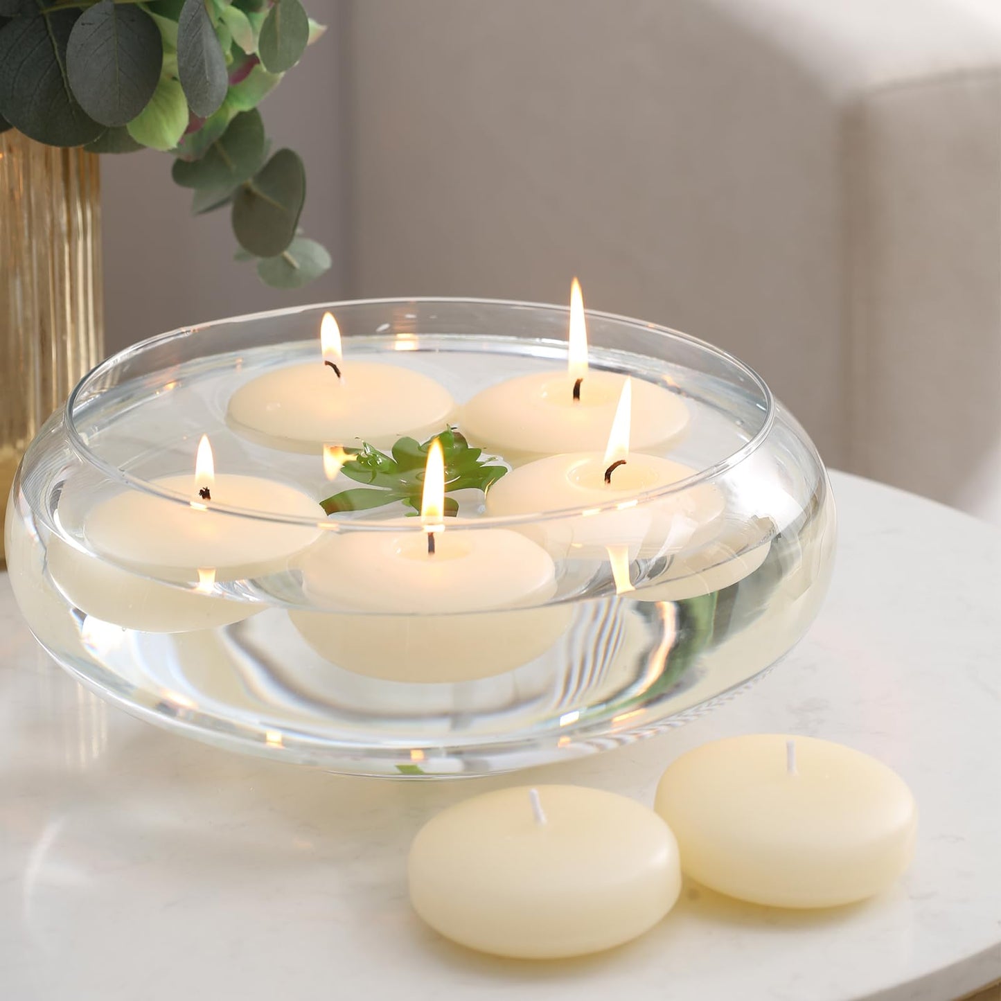 qinxiang 24 Pack Floating Candles, 3” Ivory Unscented Dripless Wax Burning Candles, for Cylinder Vases, Weddings, Party and Holiday