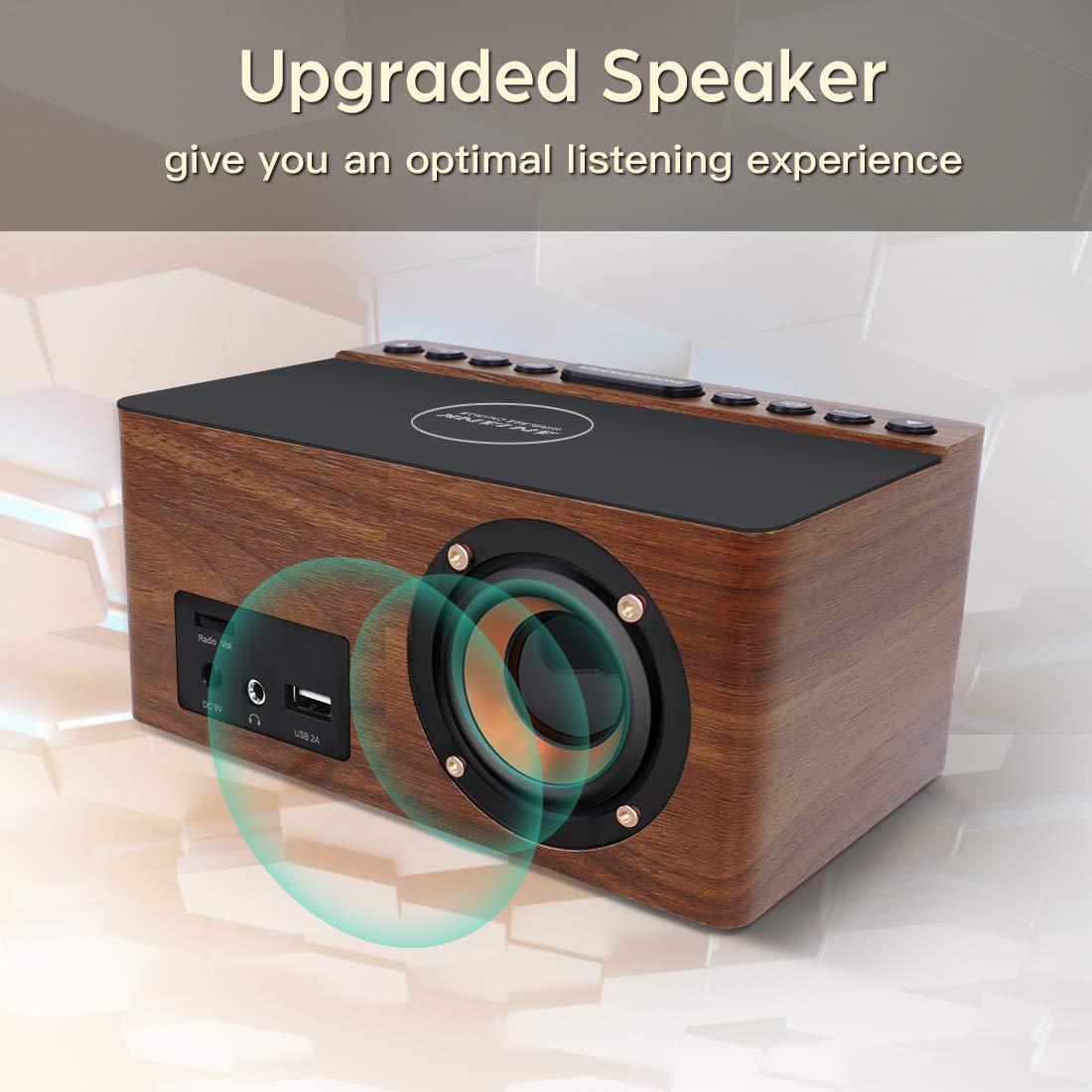 ANJANK Wooden Digital Alarm Clock FM Radio for Bedrooms,10W Fast Wireless Charger Station for iPhone/Samsung Galaxy, 5 Level Dimmer, USB Charging Port, 9 Wake up Sounds, Sleep Timer, Snooze, Bedside
