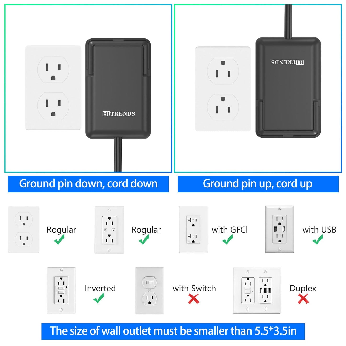6FT Ultra Flat Plug Dual Extension Cord with 6 Outlets, Ultra-Thin Outlet Cover Power Bar, Outlet Concealer Universal Size Flat Plug Power Strip, Child & Pet Safe, 1625W, Black
