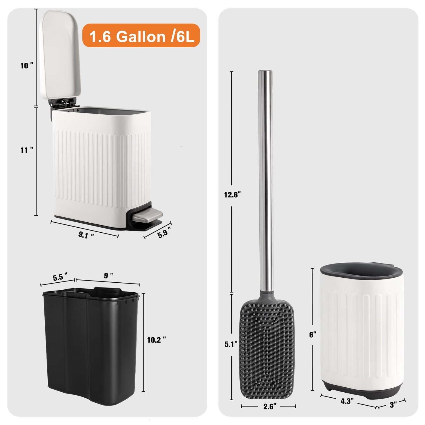 TrashAid Bathroom Trash Can with Toilet Brush - 6 Liter / 1.6 Gallon Bathroom Trash Can with Lid Soft Close + Silicone Toilet Brush and Holder Set, White Bathroom Accessories, Set of 2