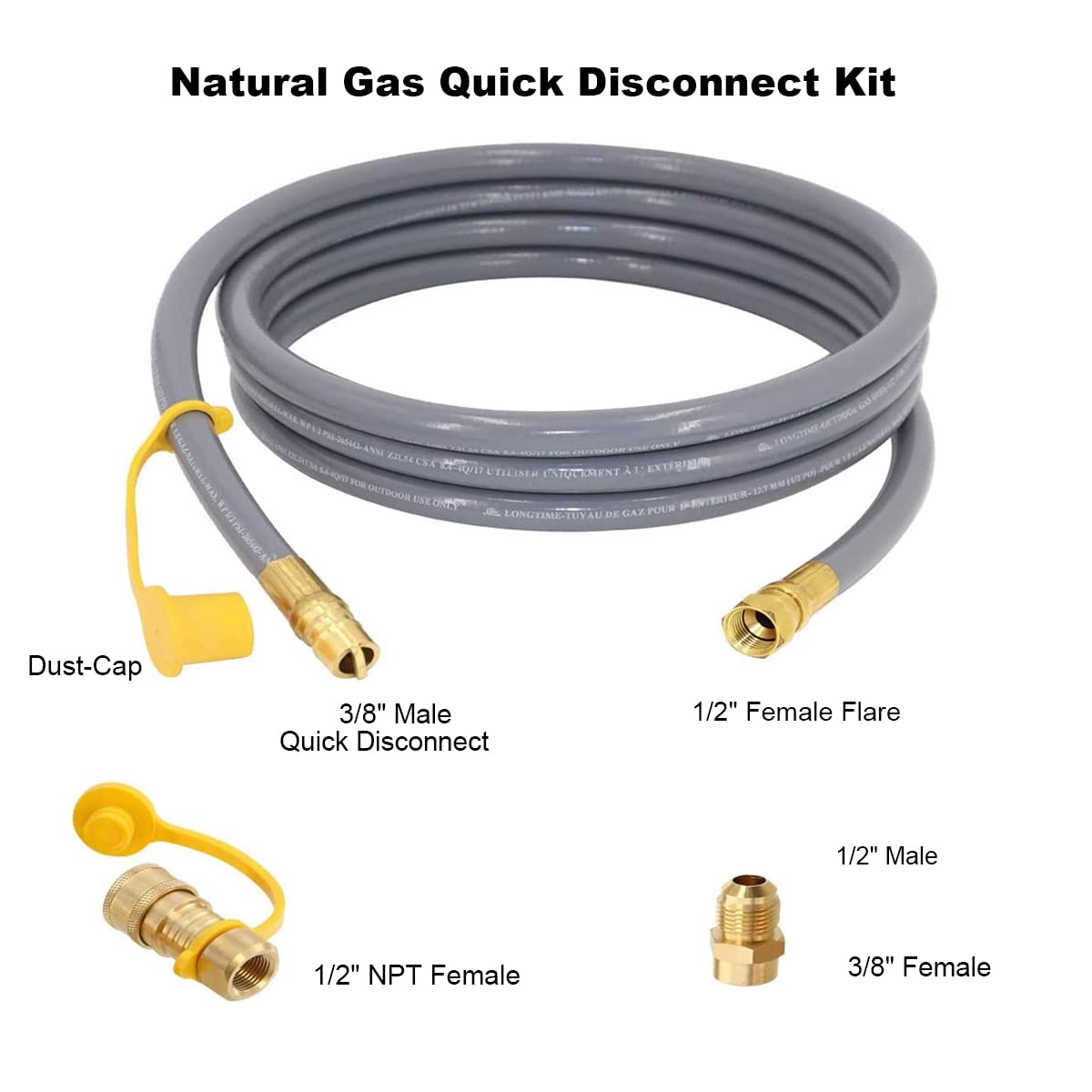 12 FT Natural Gas Hose with 3/8 in Quick Connect/Disconnect for Gas Grill Low-Pressure Appliance -3/8 Female Pipe Thread x 3/8 Male Flare for Most Grills, 1/2" ID Natural Gas Grill Hose