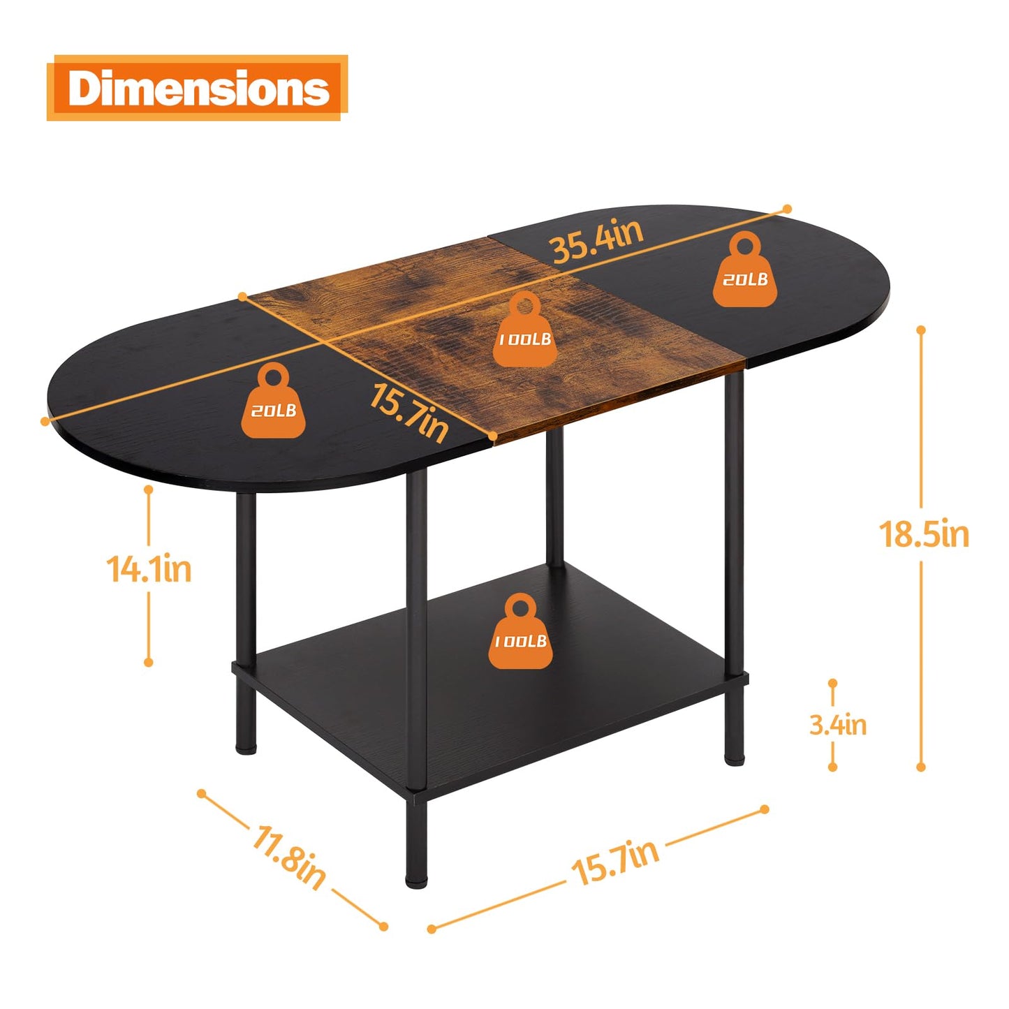 Coffee Tables for Living Room,2-Tier Small Oval Center Table Industrial Modern Style Coffee Tables with Storage Shelf and Wood Tabletop for Small Space,Home Office,Brown & Black