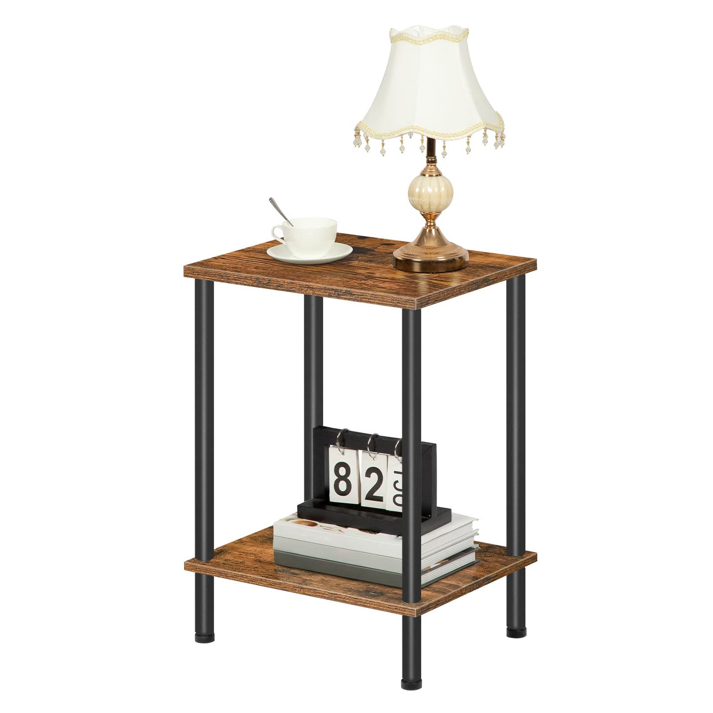HOOBRO End Table, Nightstand with 2-Layer Storage Shelves, Side Table for Small Spaces, Living Room, Entryway, Farmhouse Industrial Style, Stable Frame, Easy Assembly, Rustic Brown, Black BF09BZ01