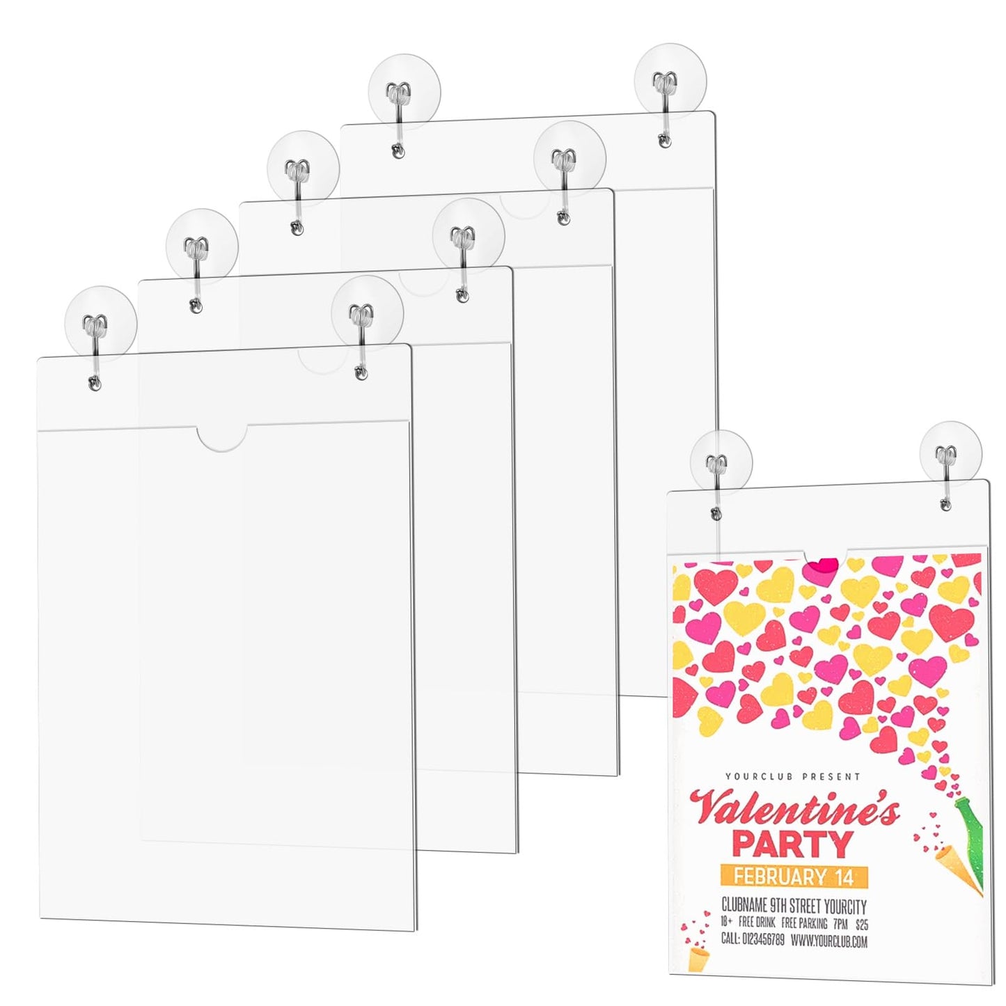 AIHSUMC 4 Pcs Acrylic Window Sign Holder, 8.5 x 11 Inch Hanging Acrylic Sign Holder, Wall Mount Paper Display Ad Frame with Tape,Mounting Screws,Suction Cups Hooks for Mall Office Store Restaurant