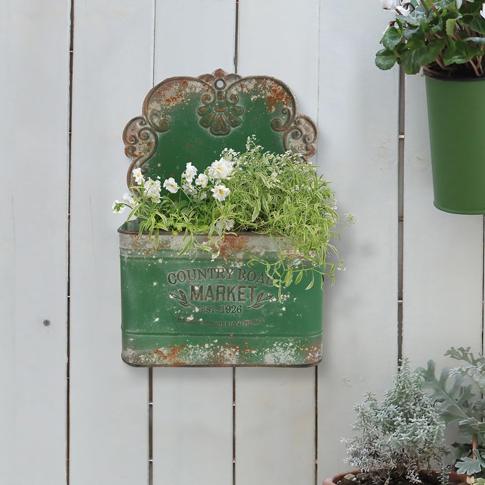 All Chic Metal Wall Planter Wall Hanging Planter Rustic Metal Planter Wall Mount Planter Outdoor Wall Planter for Farmhouse Garden Decor (Green)