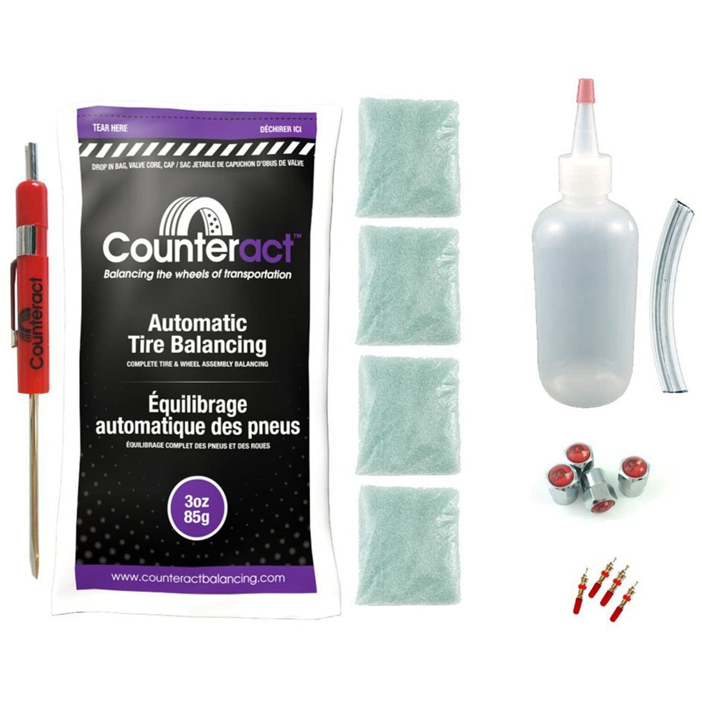 Counteract DIYK-3 Do It Yourself Tire/Wheel Balancing Beads Kit - Light Duty Truck Tires, (4) 3oz DIY Bead Bags, (4) Valve Caps and Cores, (1) Core Remover, Injector Bottle