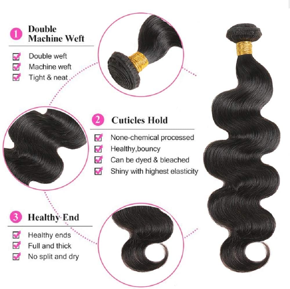 Body Wave Human Hair Bundles (10 12 14 Inch) 100% Unprocessed Human Hair Extensions for Women Brazilian Virgin Hair Weave Bundles Natural color