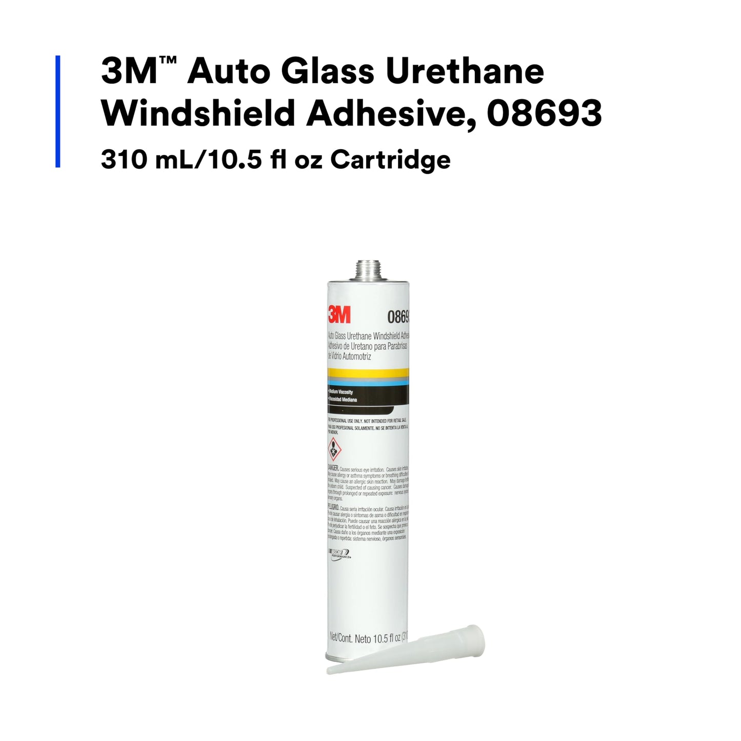 3M Auto Glass Urethane Windshield Adhesive, 08693, Medium Viscosity, High-Strength, Fast-Curing, 310 mL/10.5 fl oz Cartridge, White