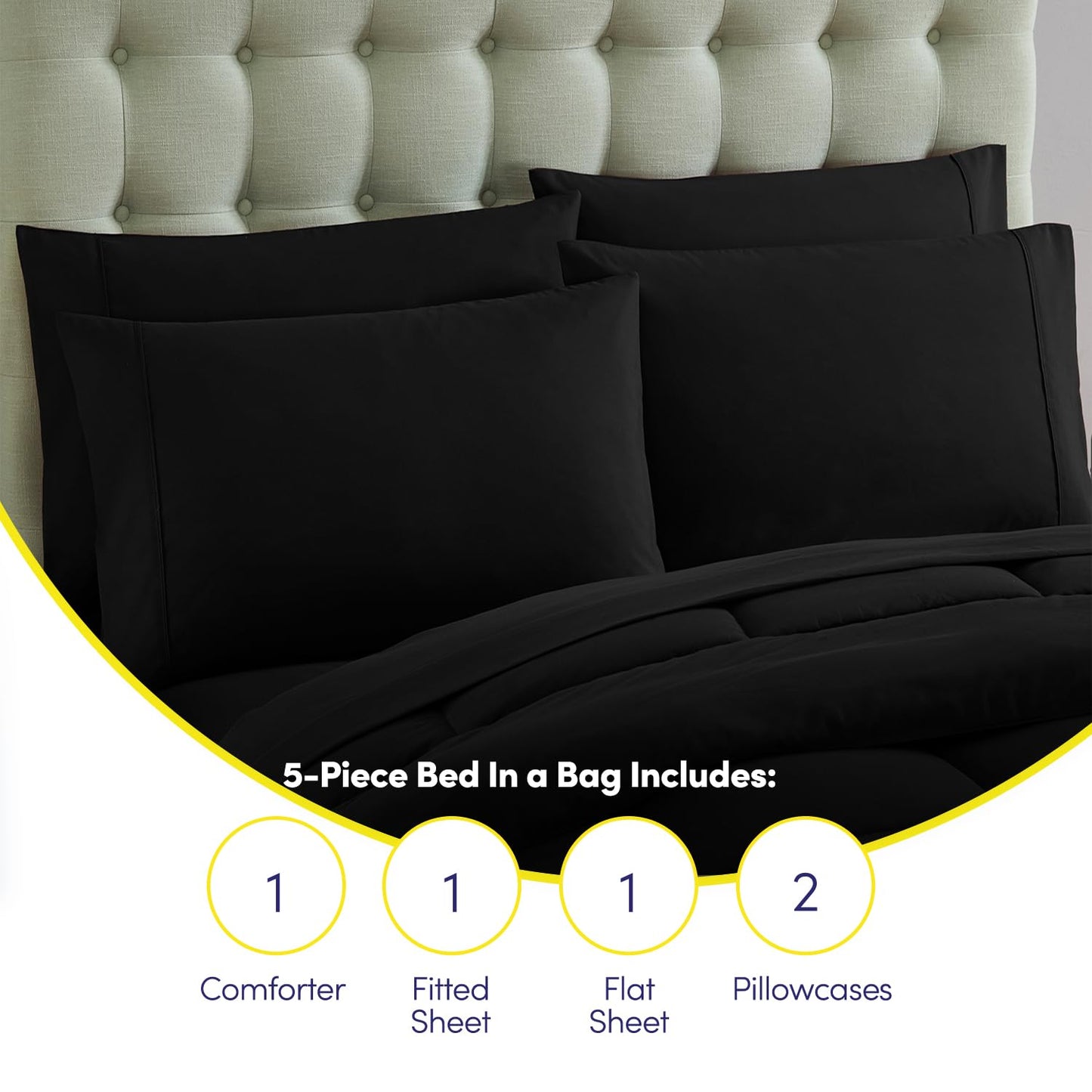 Sweet Home Collection 5 Piece Comforter Set Bag Solid Color All Season Soft Down Alternative Blanket & Luxurious Microfiber Bed Sheets, Black, Twin