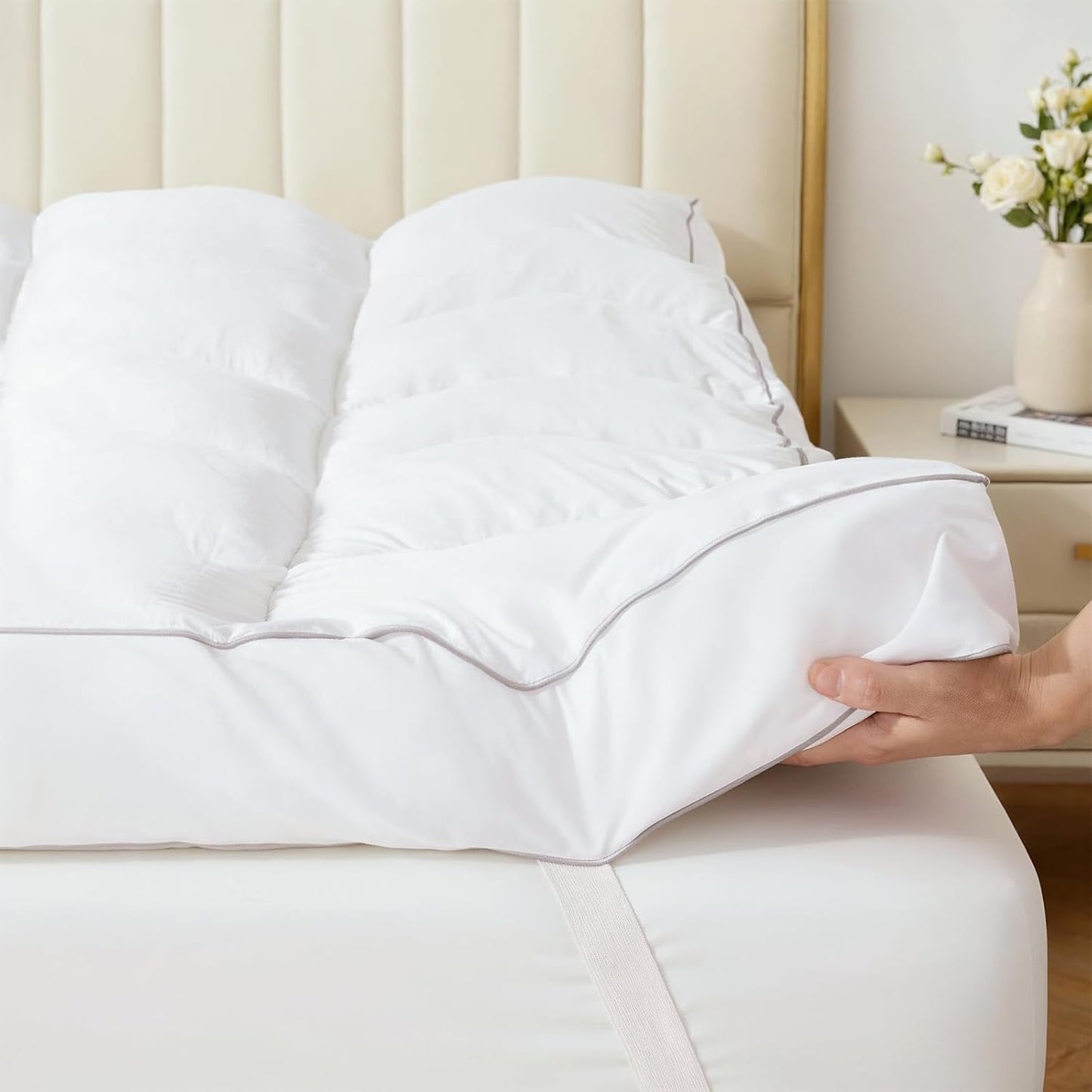 Memory Foam Mattress Topper, 100% Cotton Mattress Pad Cover, Breathable & Skin-Friendly Queen Size Mattress Topper for Back Pain Relief, 3 Inch Extra Thick Shredded Foam, Queen