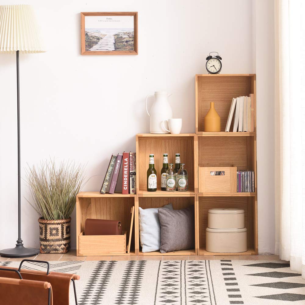 KIRIGEN Stackable Wood Storage Cube /Basket/ Bins Organizer for Home Books Clothes Toy Modular Open Cubby Storage System - Office Bookcase Closet Shelves F26-DBR
