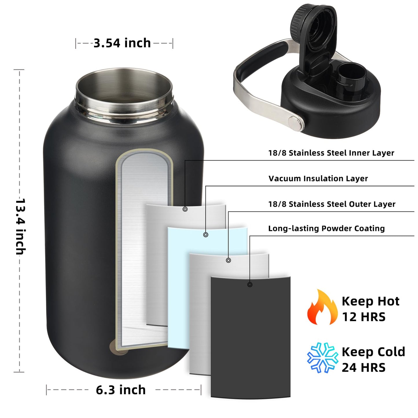 BJPKPK One Gallon(128oz) Insulated Water Bottle, Dishwasher Safe Stainless Steel Metal Water Jug, BPA Free Thermos with Spout Lid & Handle, Large Water Bottle, Black