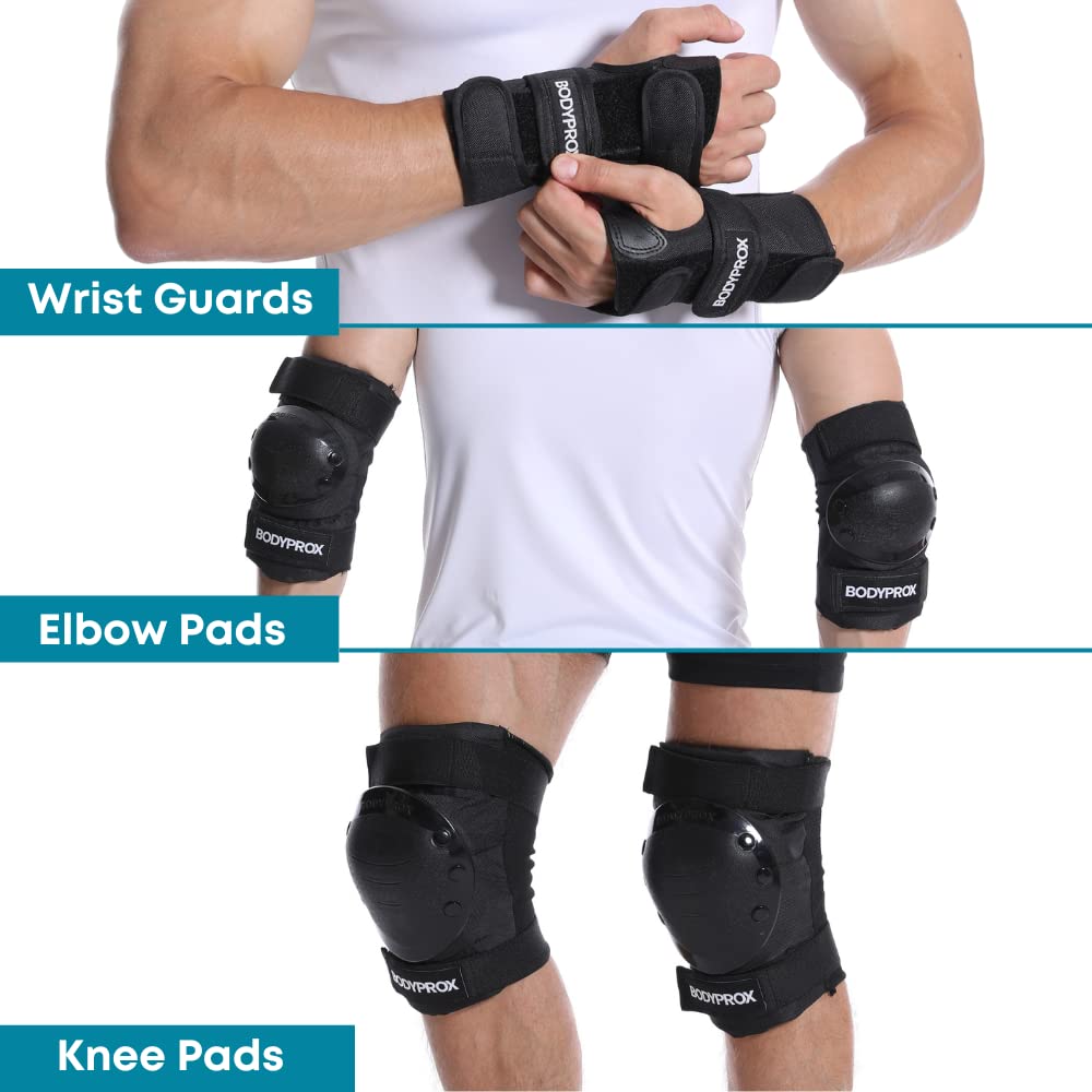BODYPROX Knee Pads Elbow Pads Wrist Guards Set for Skateboarding, Roller Derby, BMX Ride, and Inline Skating. (Medium)