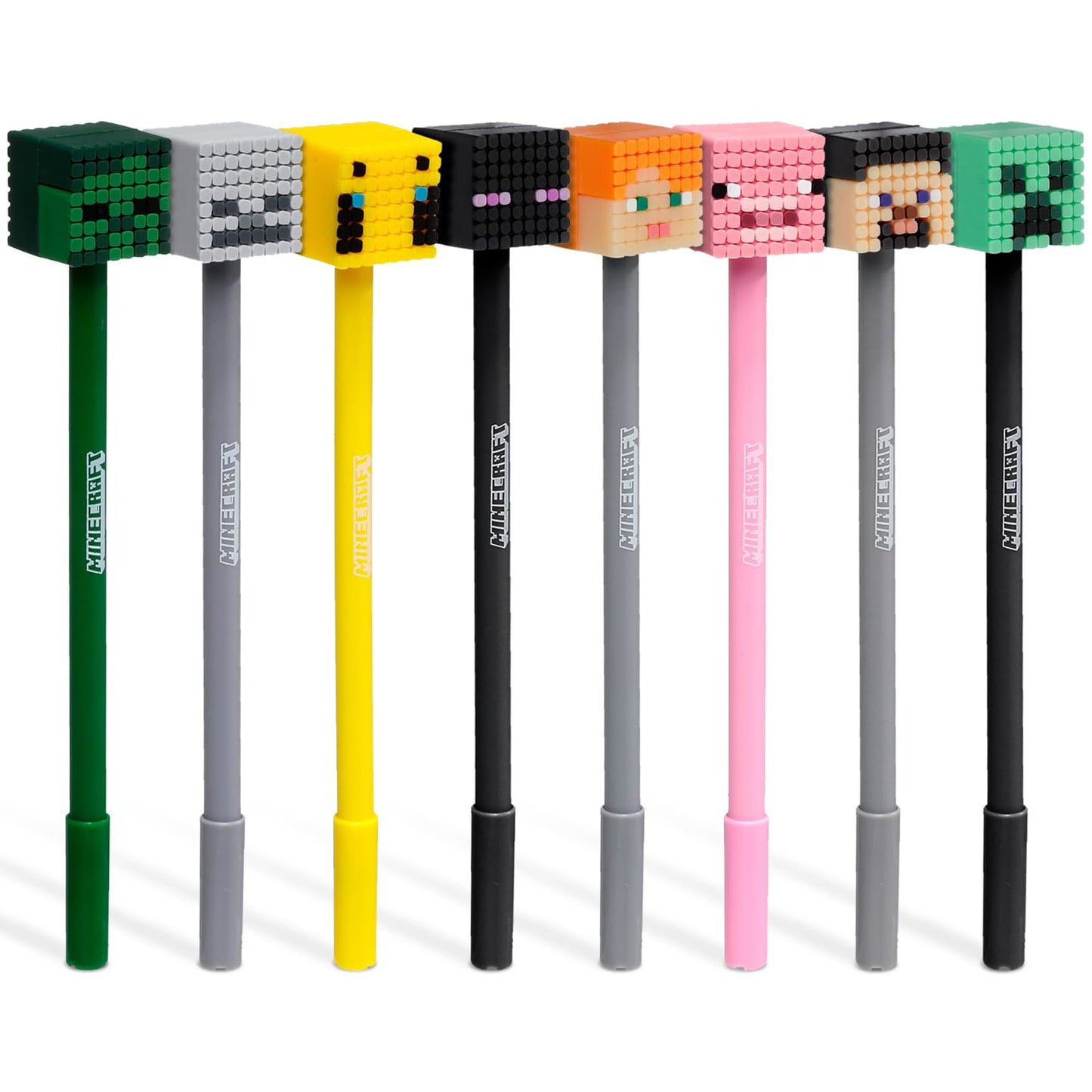 Puckator Minecraft Fine Tip Pen with Silicone Topper 8 Piece Set - Pen Stationary Set - Cool Fancy Pack of Pens Black For Office Writing College - Uni Essentials - Back to School Supplies - Non Smudge