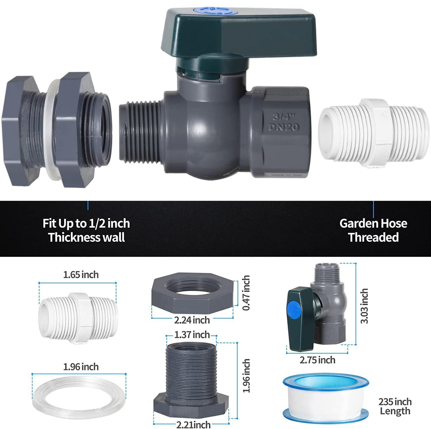 4pcs 3/4 Inch Rain Barrel Valve PVC Garden Faucet Connector Kit with Bulkhead Fitting and Hose Adapter, Rain Barrel Spigot Kit Rain Barrel Diverter Kit for Water Tanks, Aquariums,Pools, (4)