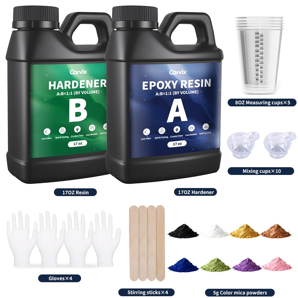 Carvix Epoxy Resin Kit 34OZ Crystal Clear Bubble Free High Gloss Resin and Hardener for Casting Coating Jewelry Wood and Art Projects Beginner Friendly