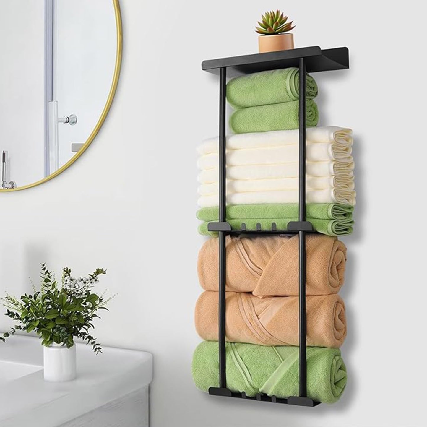 Towel Racks for Bathroom, No Drilling Towel Holder Towel Rack, Towel Storage Wall Mounted, Adjustable Towel Rack Bathroom Storage, Bathroom Towel Holder Towel Shelf for Rolled or Folded Towels, Black