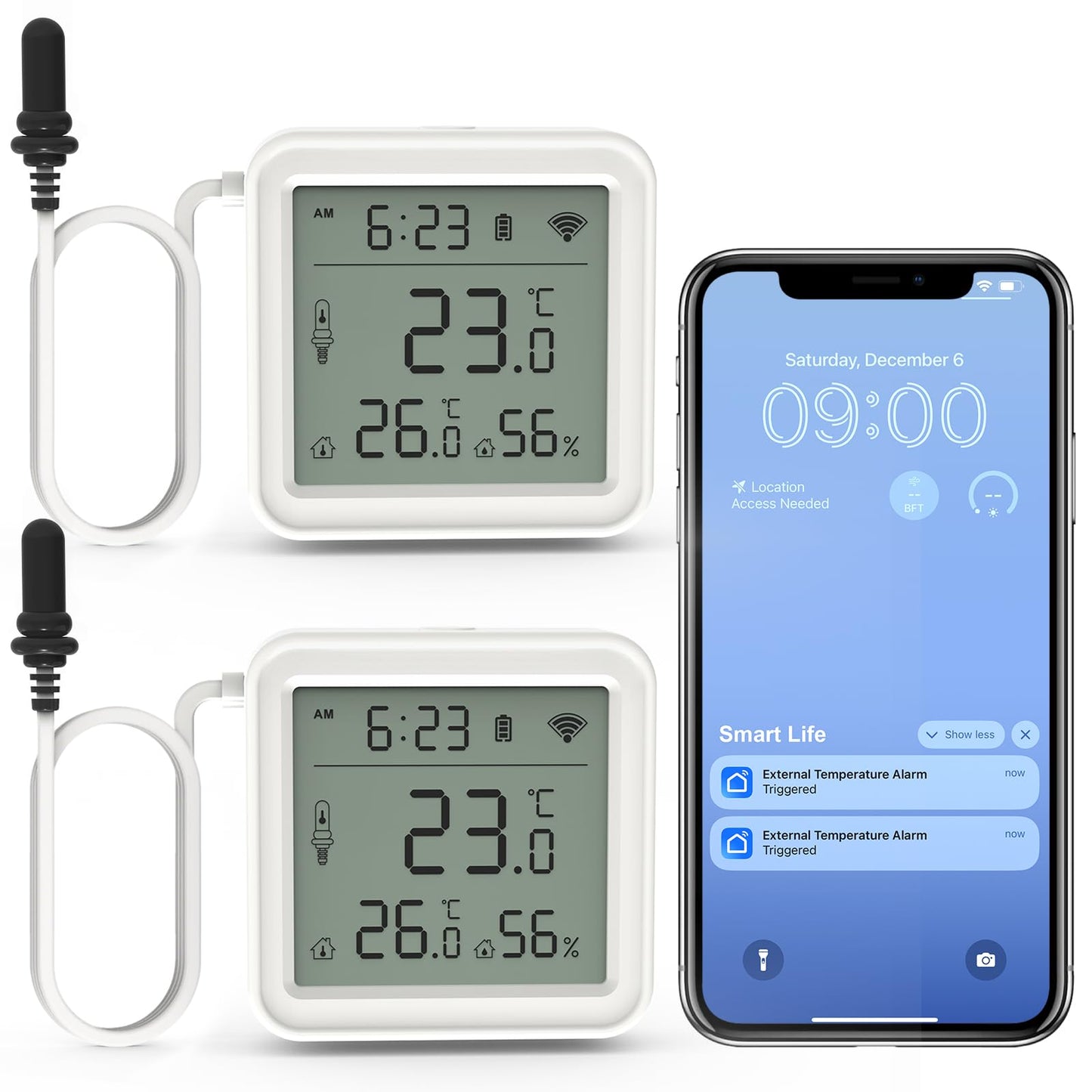 DAYTECH Fridge Thermometer WiFi Smart Freezer Thermometer with Room Temperature and Hygrometer Monitor, App Alerts and Clear Digital Display, for Home/Restaurant/Office, No Hub Required, 2PCS