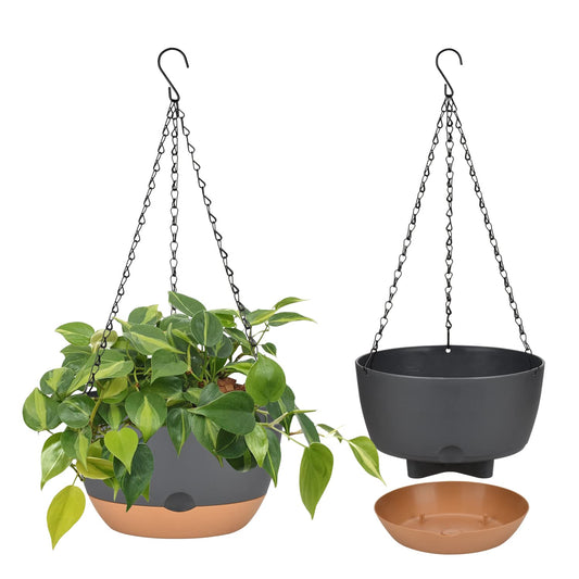 2 Pack Hanging Planters for Indoor Plants, Self-Watering Hanging Planter Holder with Pot, Drainage Holes, Removable Saucer for Garden Home (Black, 10 Inches)