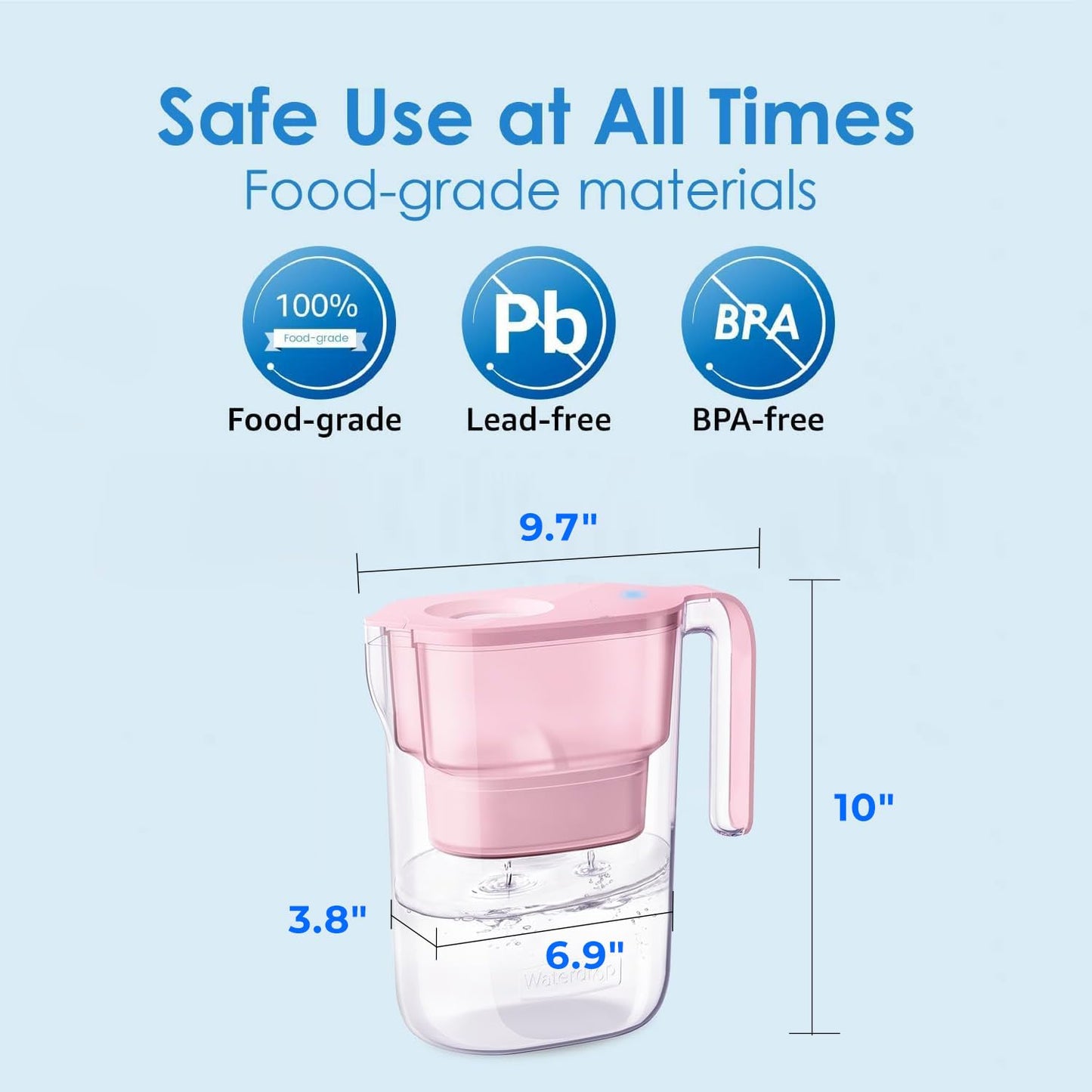 Waterdrop PT-05P Water Filter Pitcher, 7-Cup Capacity, NSF Certified, 5X Longer Filter Life, Up to 200 Gallons, for Fridge, Countertop, and Gift Giving, Reduces PFOA/PFOS, Chlorine, Pink