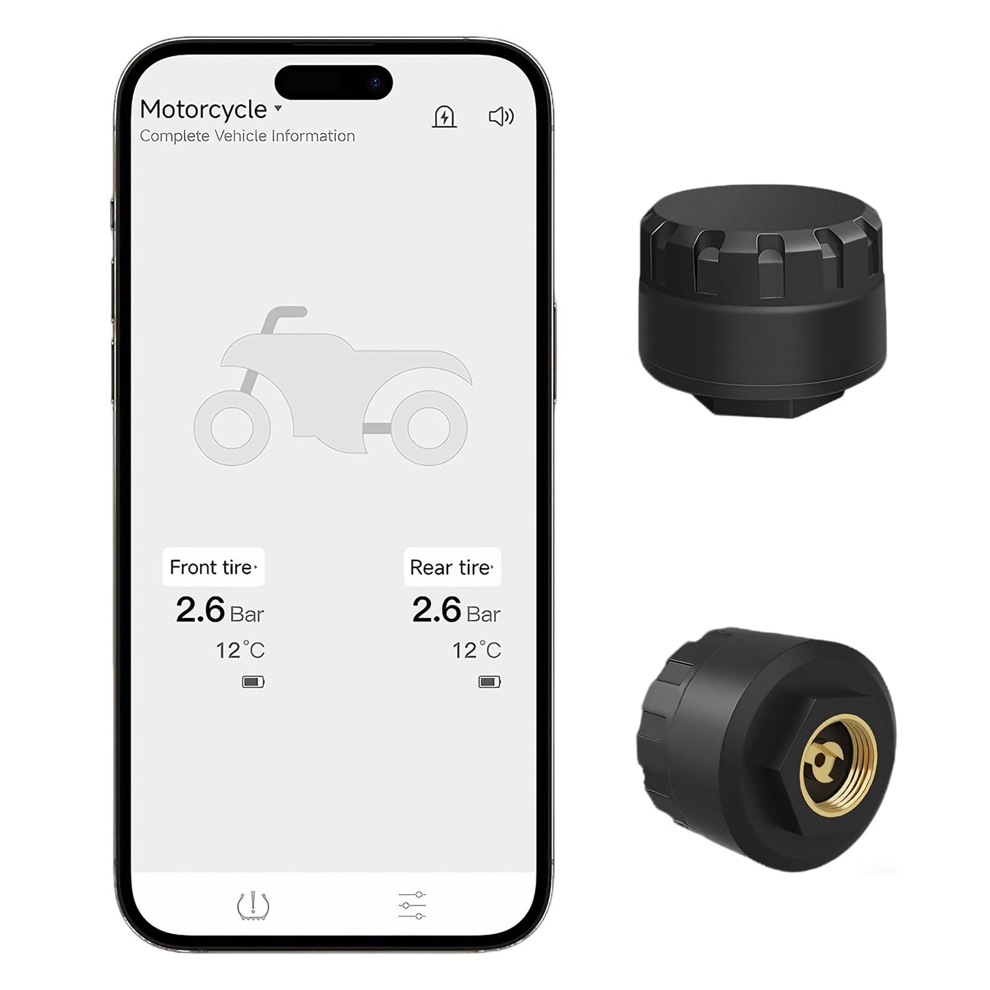 3T6B Wireless Tire Pressure Monitoring System with 2 TPMS External Sensors for Motorcycle & Bicycle, Real-time Tire Pressure and Temperature Alarm, Supports iOS & Android