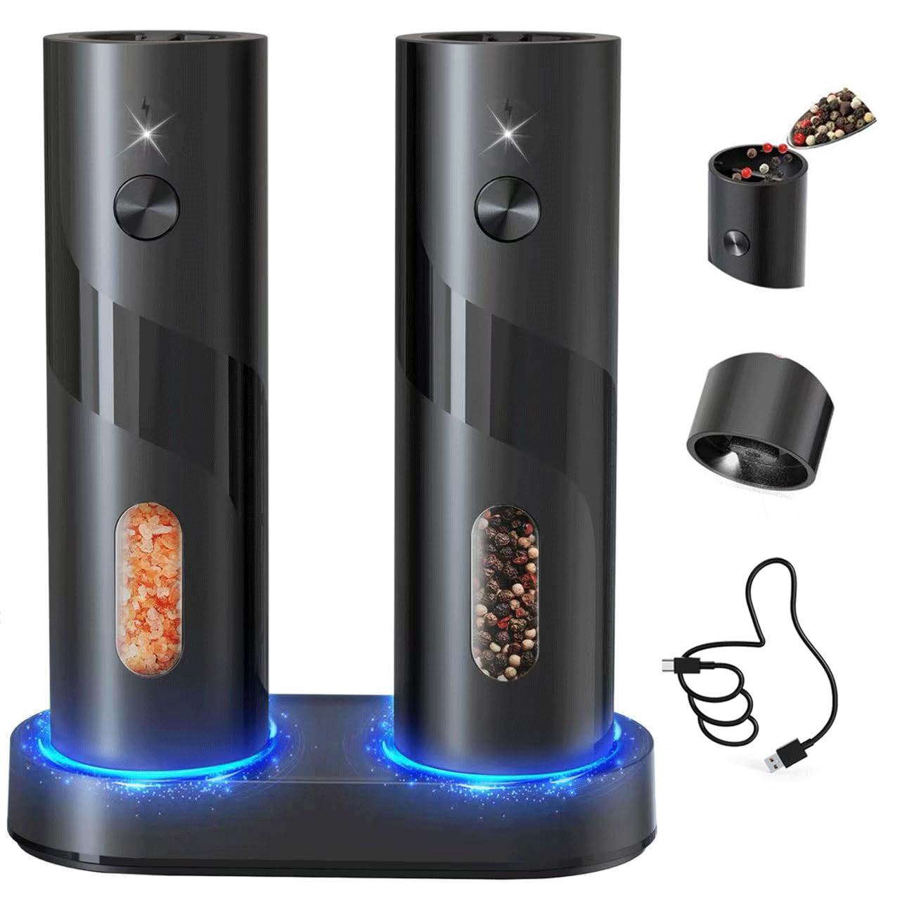 CIRCLE JOY Electric Salt and Pepper Grinder Set with Charging Base, Rechargeable Automatic Pepper Mill Grinder with Adjustable Coarseness, Easy Filling 110ml Large Capacity with Led for Home Kitchen