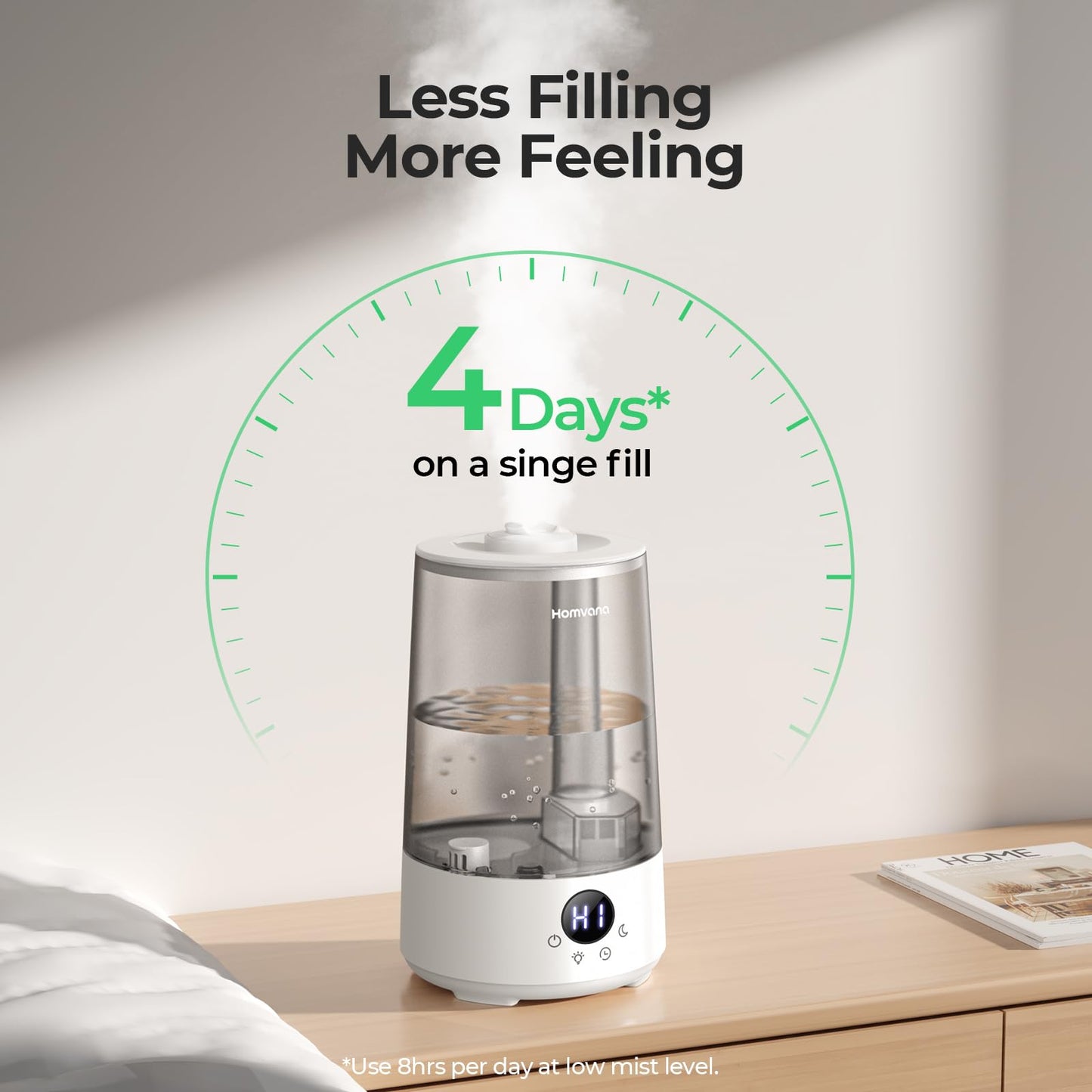 Homvana Humidifiers for Bedroom Home, 3.6 L Cool Mist Top-Fill 34H Super Long Time, Quiet 16dB, Baby Humidifier, Oil Diffuser Large, Plants, Nursery, Office BPA FREE, 7 Color Light (Grey)