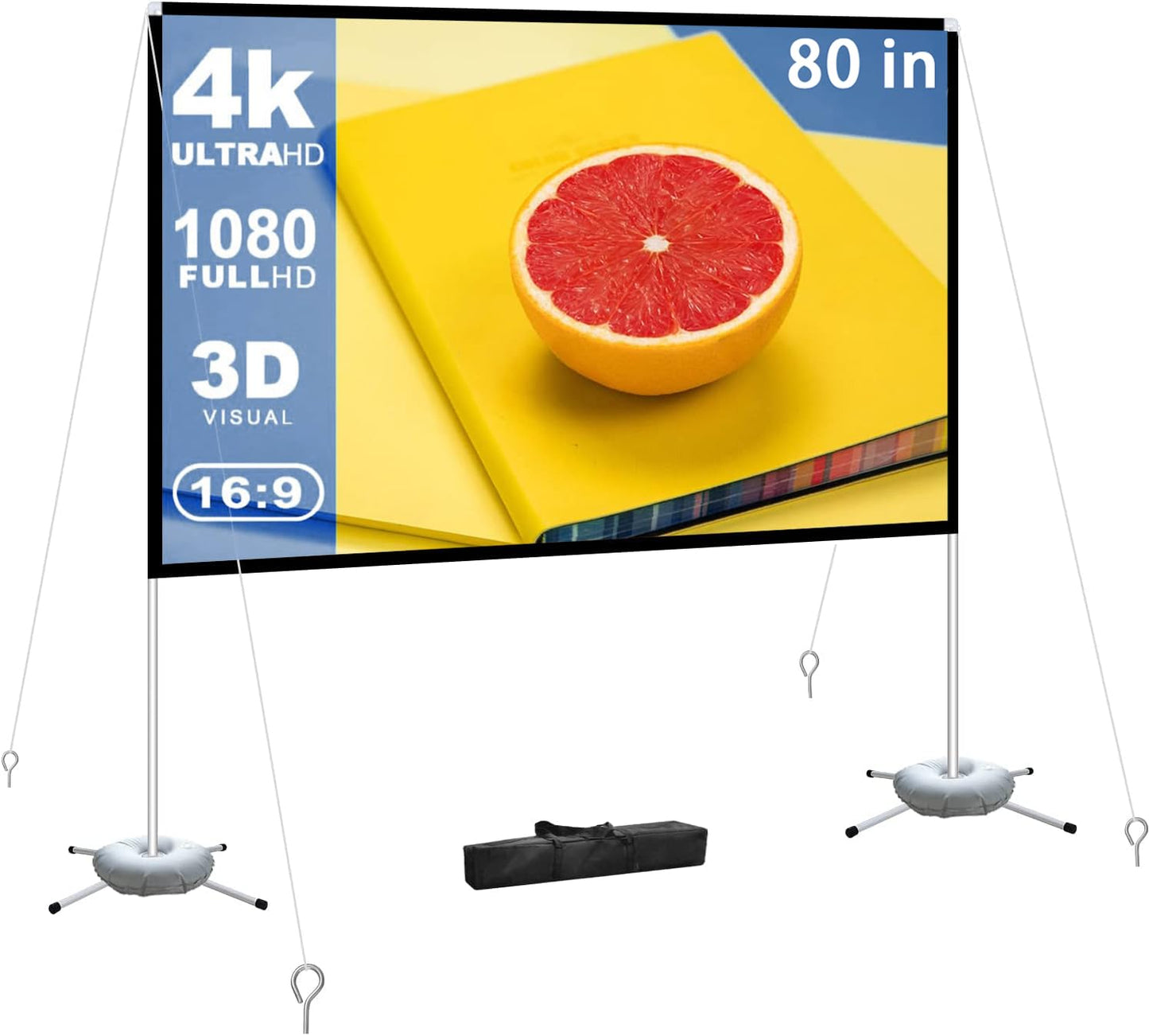 Projector Screen with Stand - Portable Outdoor Movie Screen with Carrying Bag, 16:9 4K HD Projection Screen with Quadrupod for Camping Indoor Home Party (80 inch)