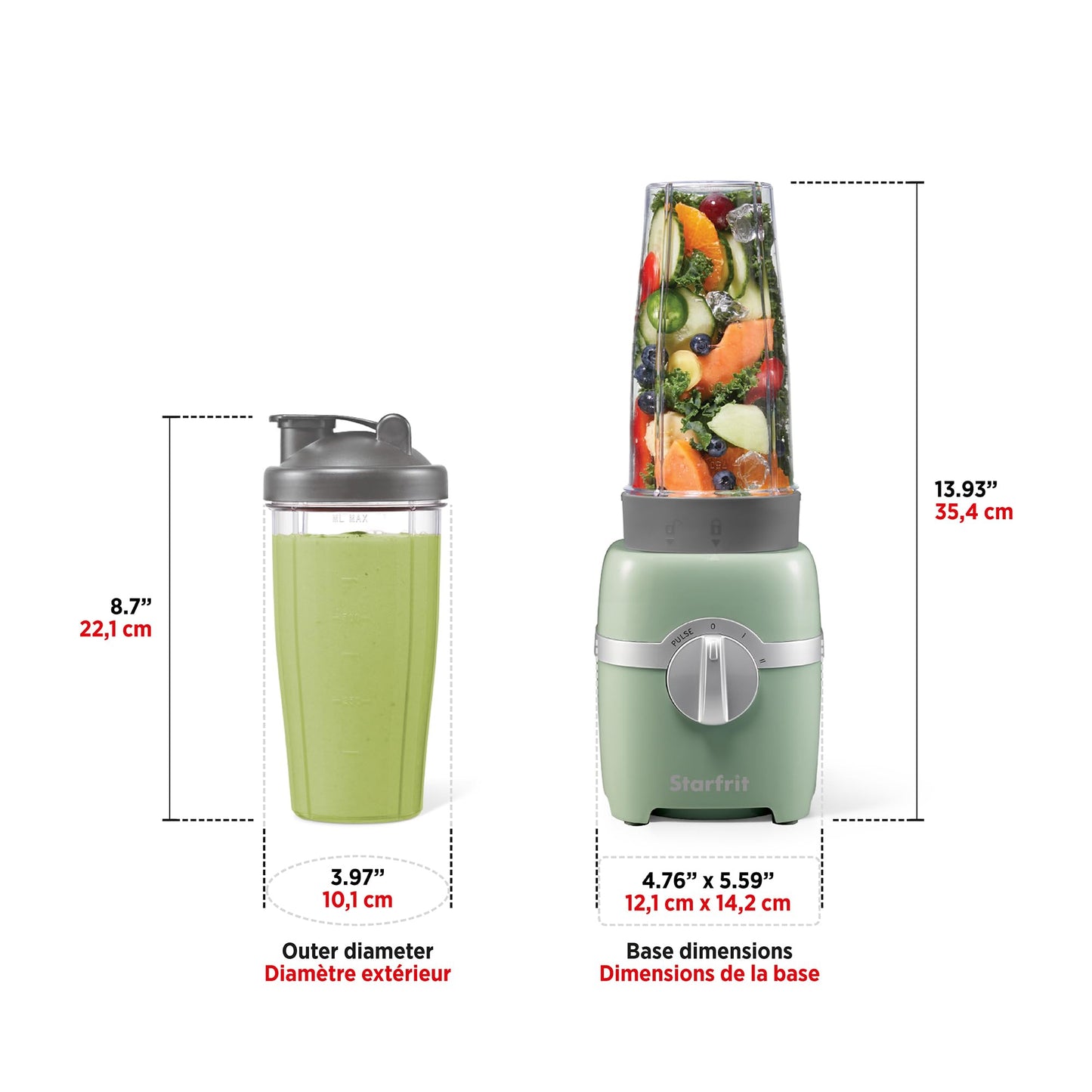Starfrit Personal Blender - Two 828ml Cups - Two Blades - High, Low & Pulse Modes - 300W - Sage