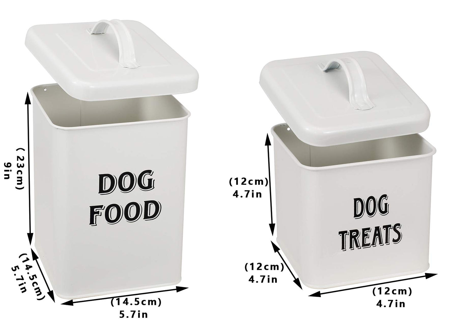 Dog Food and Treats Containers Set with Scoop for Dogs-Vintage White Powder-Coated Carbon Steel-Tight Fitting Lids-Storage Canister Tins-White
