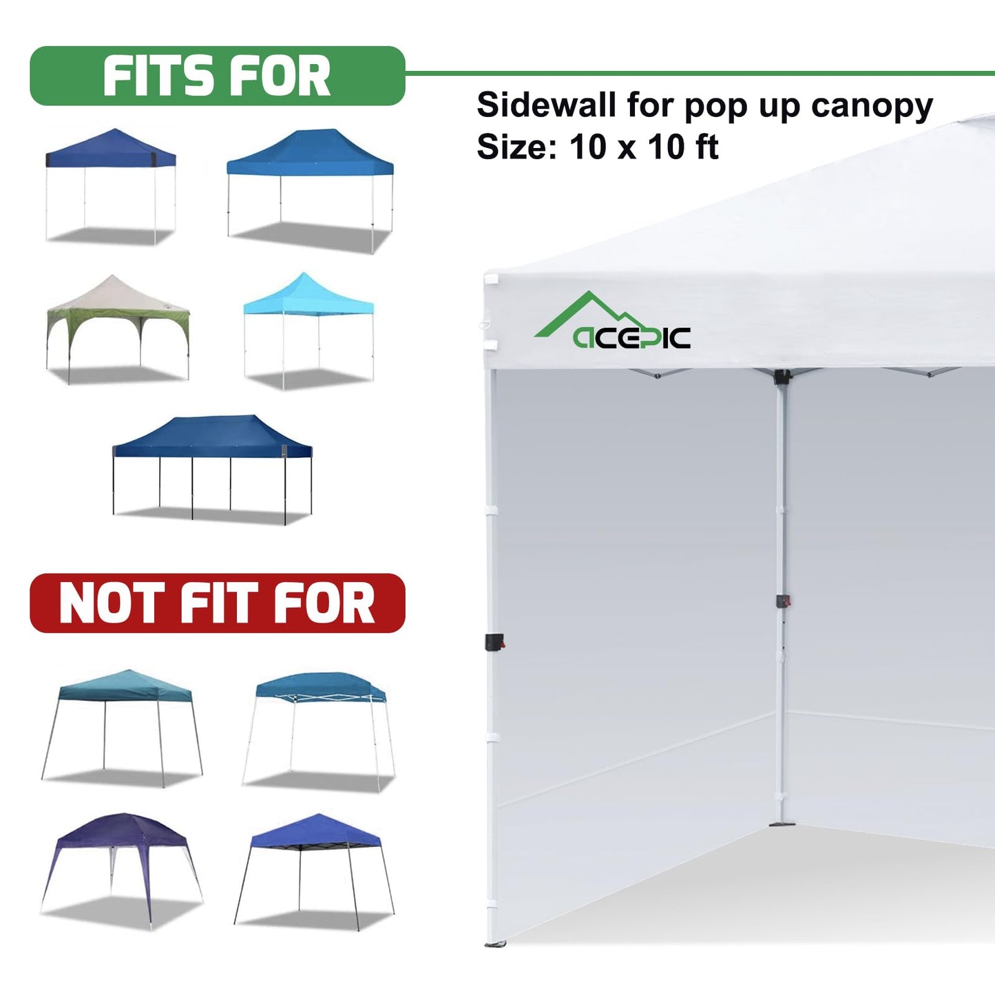 ACEPIC Instant Canopy Tent SideWalls with Silver Coating for 10x10 FT Pop Up Canopy, 210D Polyester 100% Waterproof and 99% UV Protection, 3 Piece of Sidewall Only, Silver/Gray