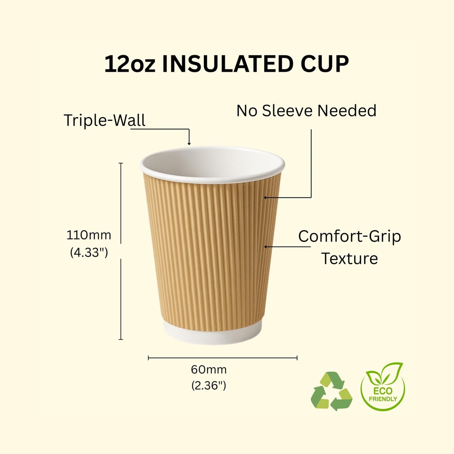 Levé (100 Pack – 12oz) Kraft Ripple Wall, Hot & Cold Paper Cups | Disposable Coffee Cups & Eco-Friendly for Coffee, Tea, Office, Home, Events (No Lids)