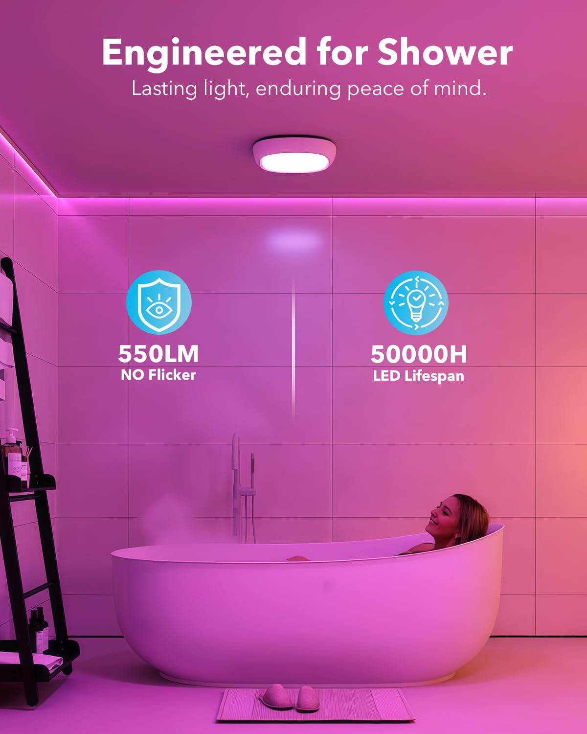 Rechargeable IP54 Waterproof Shower Light Indoor, 12000mAh Motion Sensor Wireless RGB Ceiling Light with Remote No Wiring, Battery Operated Closet Lights Cordless LED Overhead Lighting for Bathroom