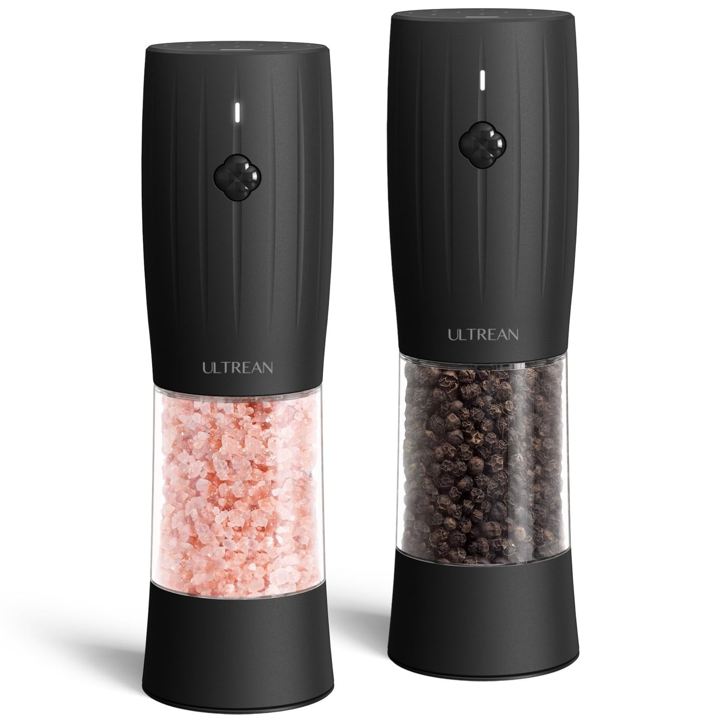 Ultrean Pepper Grinder 2pcs, Rechargeable Salt and Pepper Grinder with 6 Adjustable Coarseness, One-Hand Automatic Operation, LED Light(Black)