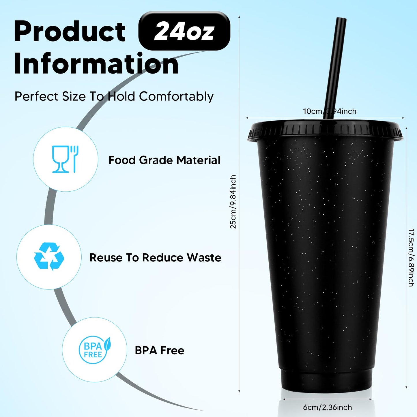 LEIFEOSH 24 Pack Plastic Tumblers with Lids and Straw, Reusable Cups with Lids and Straws Colorful Cups for Cold Drink Iced Coffee, Plastic Tumbler Bulk for Party Birthday Gifts (24 oz, Black)