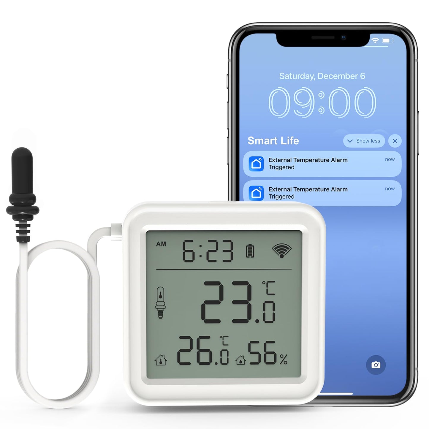DAYTECH Fridge Thermometer WiFi Smart Freezer Thermometer with Room Temperature and Hygrometer Monitor, App Alerts and Clear Digital Display, for Home/Restaurant/Office, No Hub Required, 1PC
