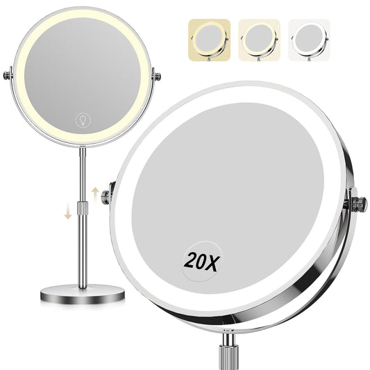 Makeup Mirror with Lights, 1x/20x 360° Rotation Vanity Mirror, Brightness Adjustable Lighted Makeup Mirror with Magnification, 5000 mAh Rechargeable Double Sided Mirror with 3 Colors, Gift for Women